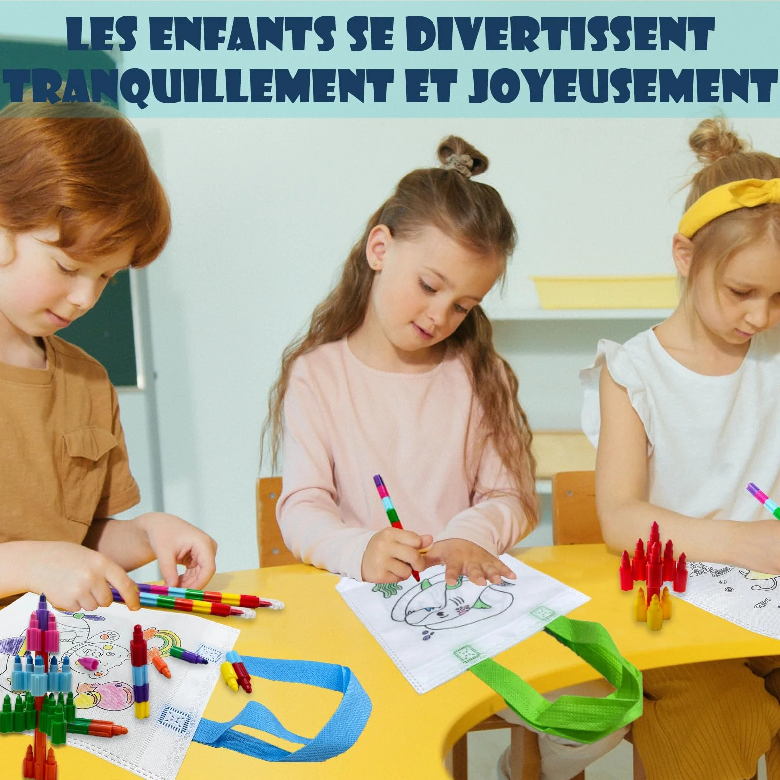 ICEPAPA Kit Peinture Enfant 12 Sac a Colorier 12 Crayons de Couleurs empilables 7 couleurs Cadeau Anniversaire Enfants