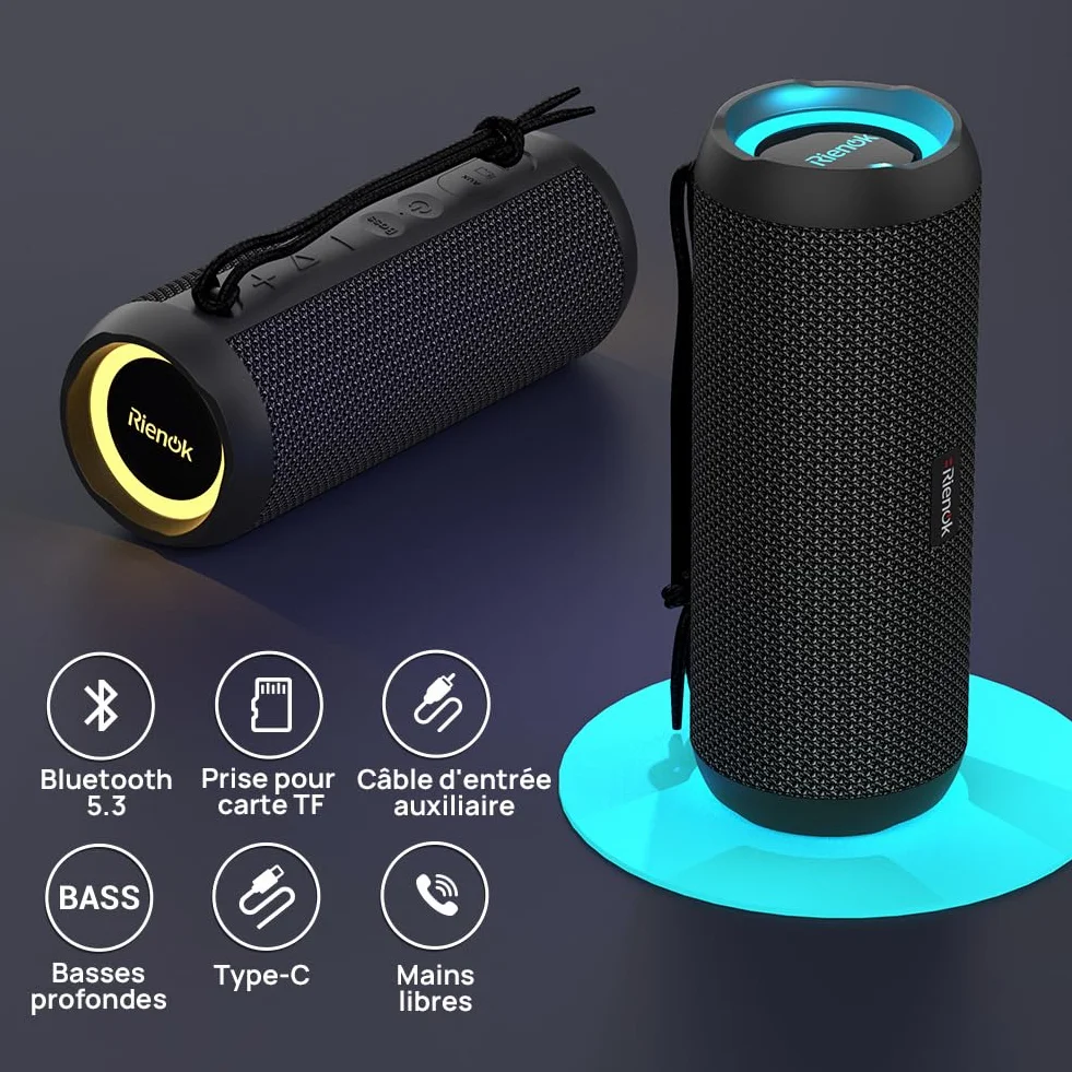 RIENOK Enceinte Portable Bluetooth 5.3 30W IPX7 30H Noir