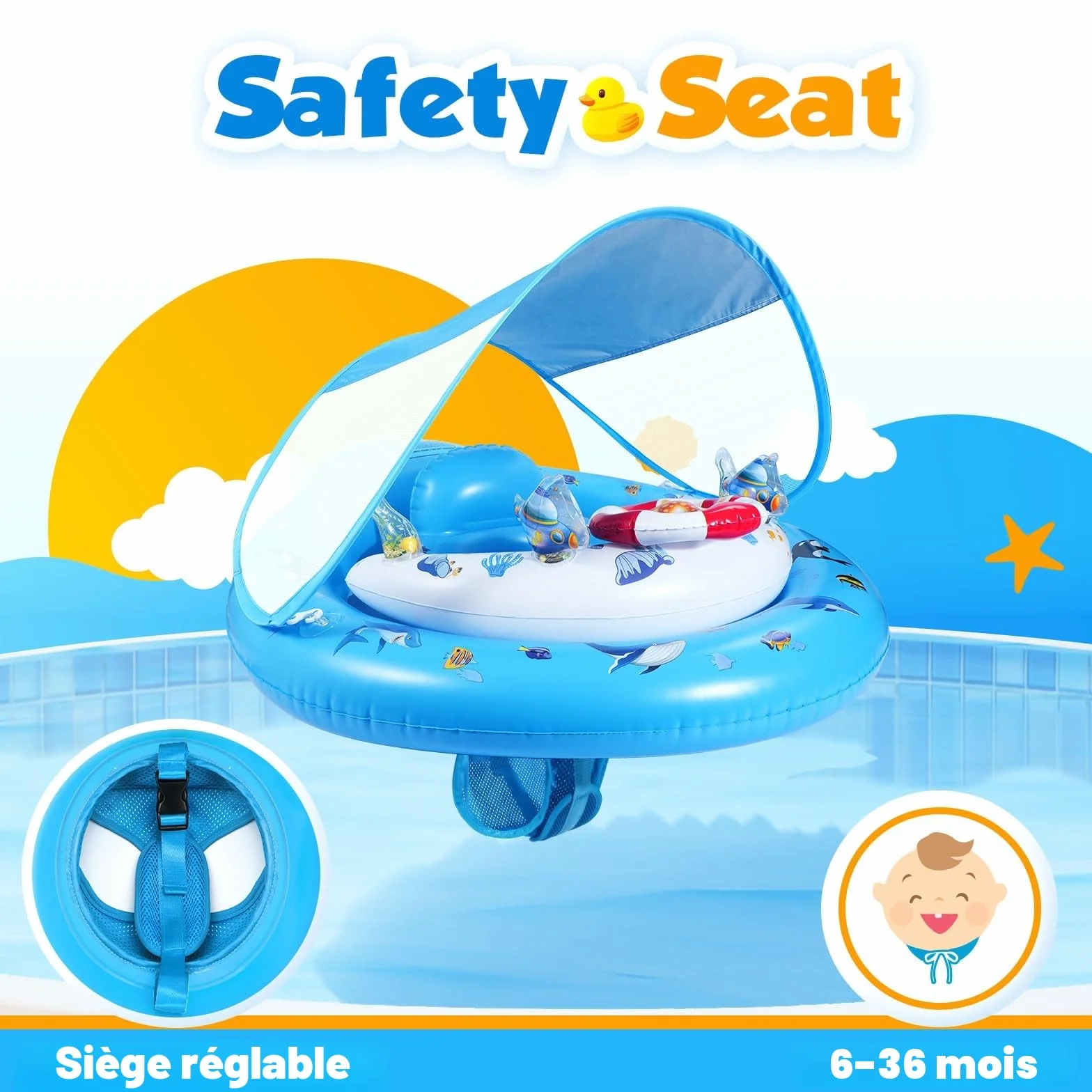 GLOPUS Bouée Bébé Piscine avec Pare Soleil UPF 50+ pour 6 à 36 Mois
