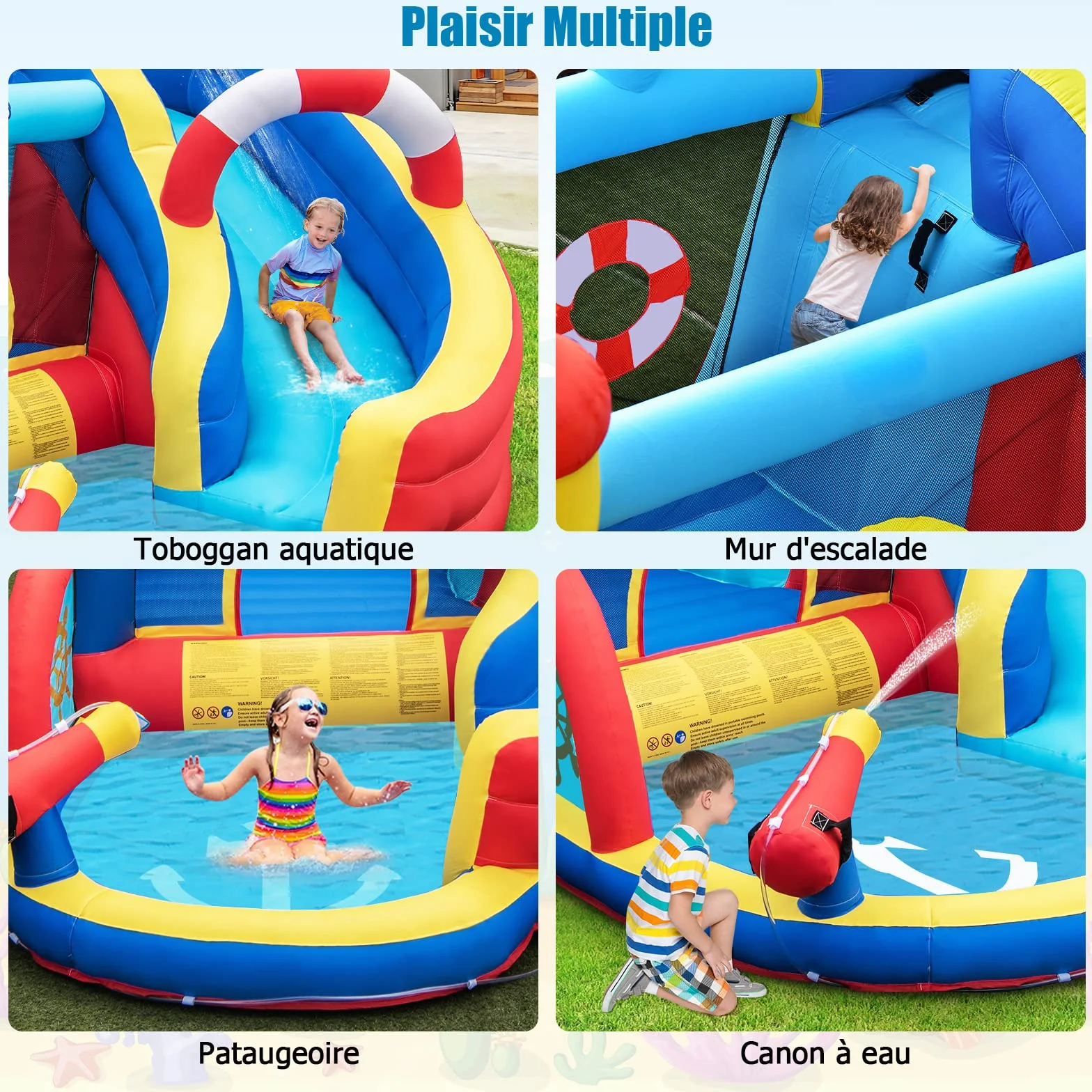 GOPLUS Château Gonflable Pirate avec Toboggan Pistolet à Eau Trampoline Aire de Jeux Gonflable Piscine Mur d'escalade pour Enfants 3-12 Ans 120KG Souffleur 450W