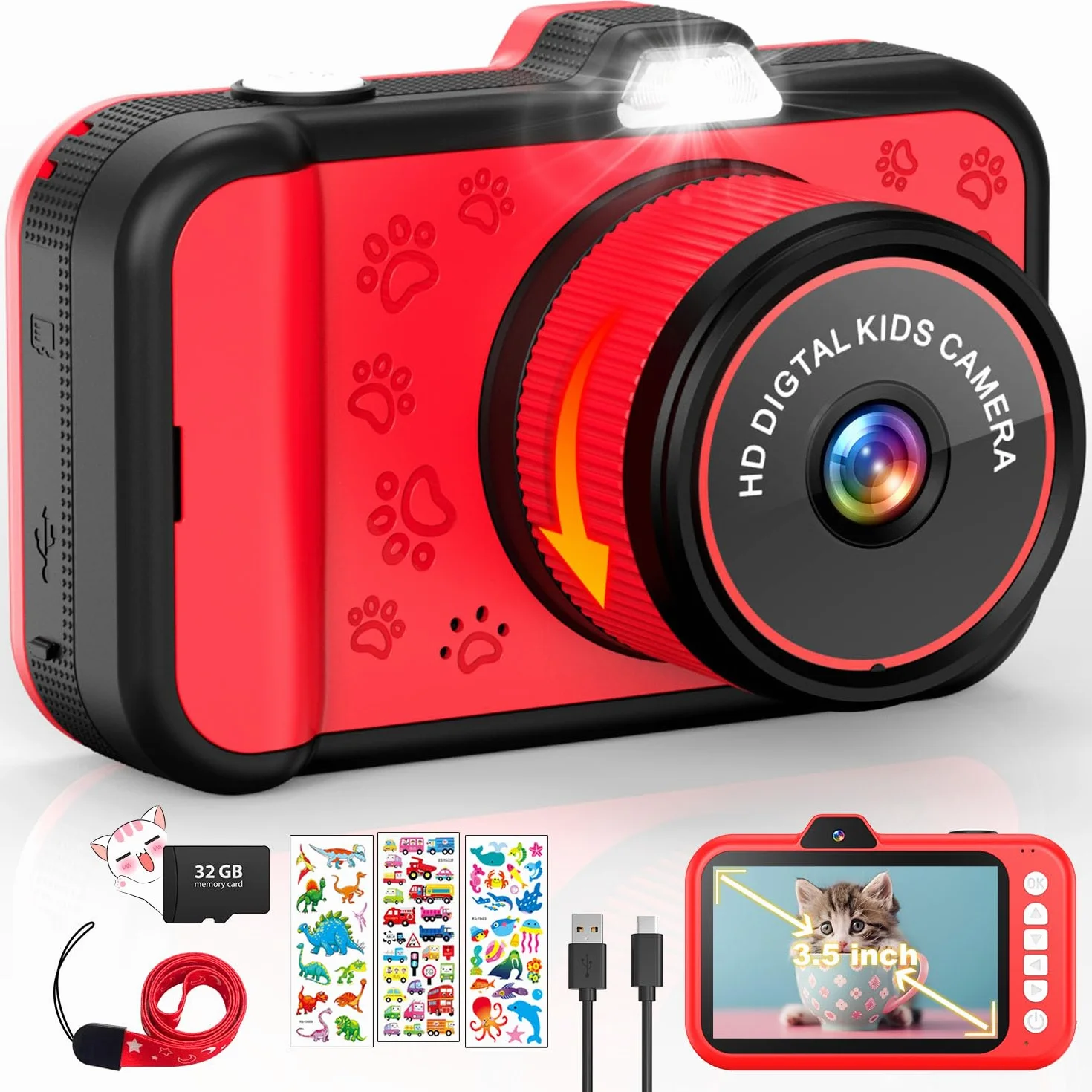 Appareil Photo Enfant Zoom Rotatif 360° Grand Écran 3,5" 1080P Selfie Flash LED Carte SD 32GB Jouet Cadeau Fille Garçons 3-12 Ans