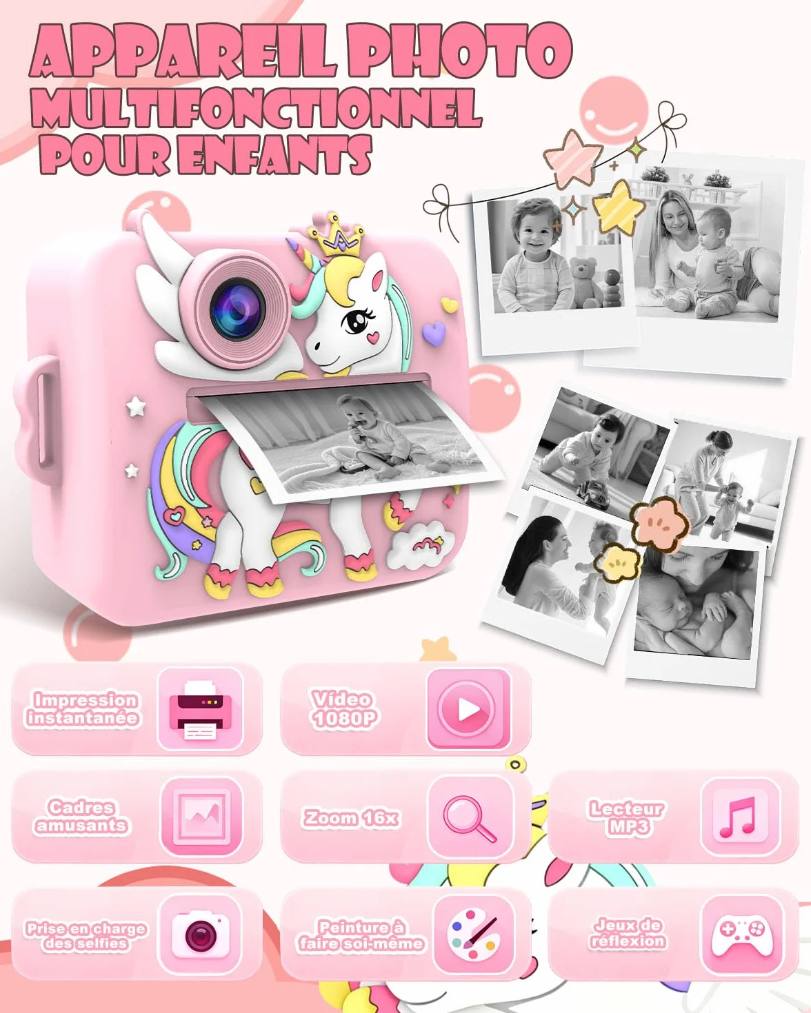 Appareil Photo Instantané Enfants Licorne 2.4" Écran Vidéo 1080P Zoom 16X Impression Thermique 32Go Rose