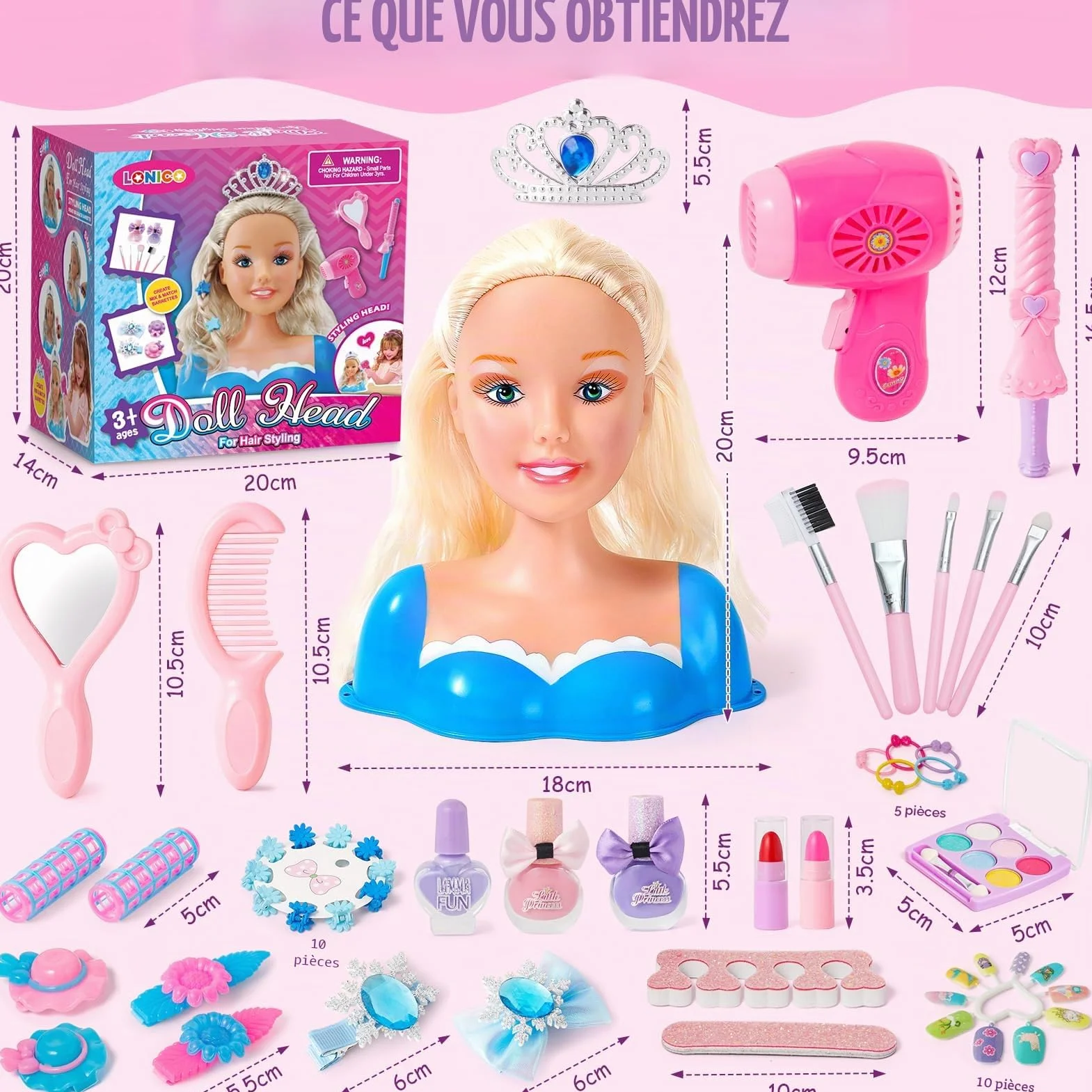Kit de salon de coiffure pour enfants, 52 pièces jouets de coiffure, accessoires de beauté, cadeaux filles 3-6 ans