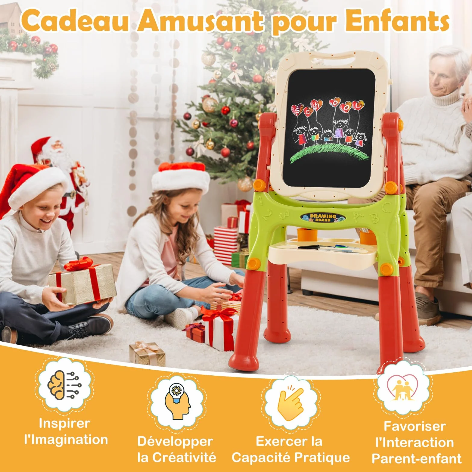COSTWAY Tableau Enfant Double Face Chevalet avec Hauteur Réglable, Plateau Rangement 2 Pots, Pivotant 360° 3 Ans+ Orange