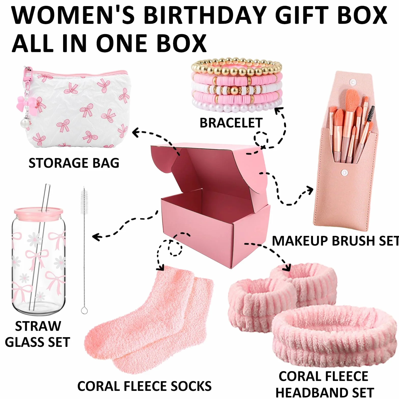 Sugeru Coffret Cadeau Fille 9-16 Ans Verre Paille Couvercle Trousse Maquillage Bracelet Bandeau Rose