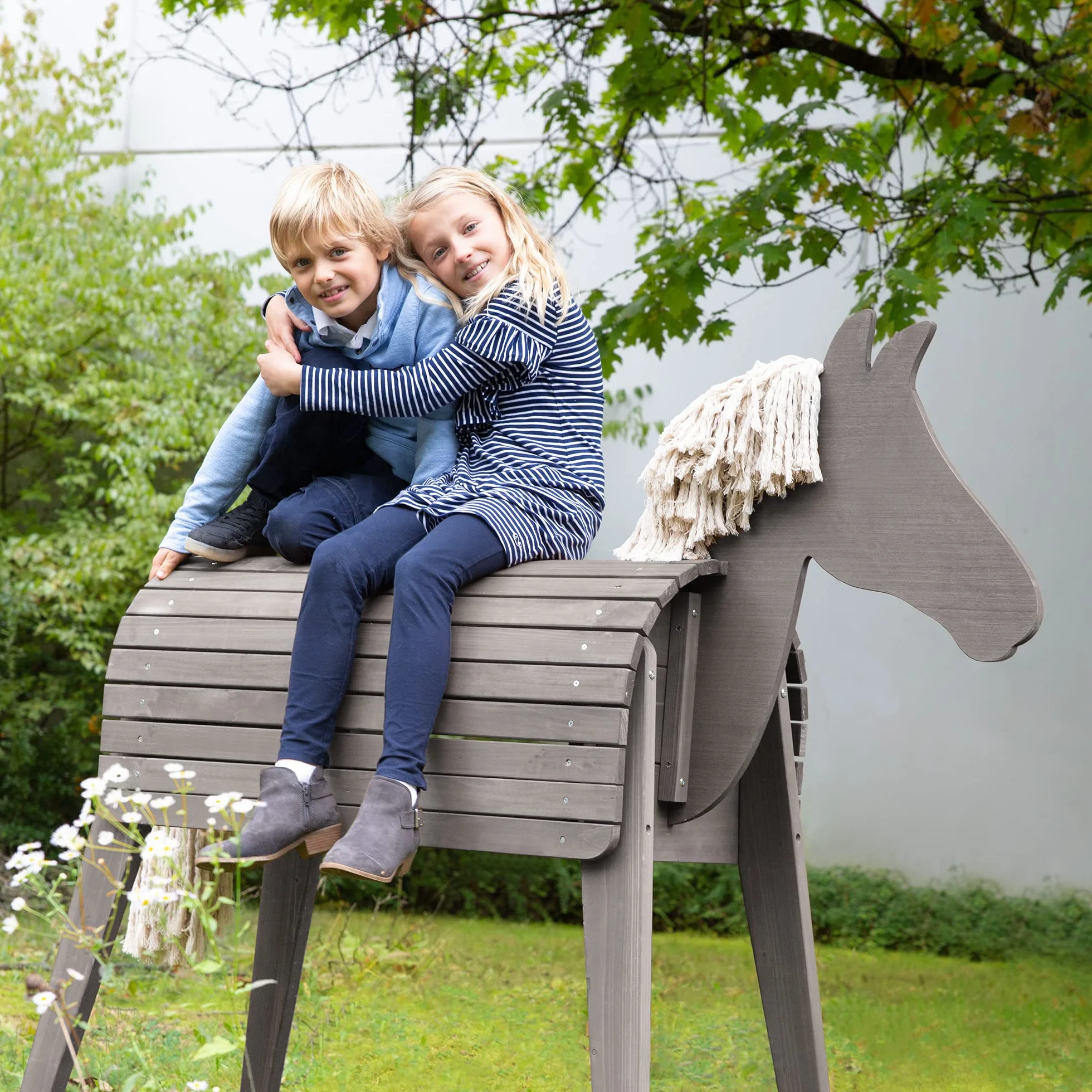 Cheval d'Équitation en Bois Massif pour Enfants - Hauteur d'Assise 89 cm - Teinté Gris