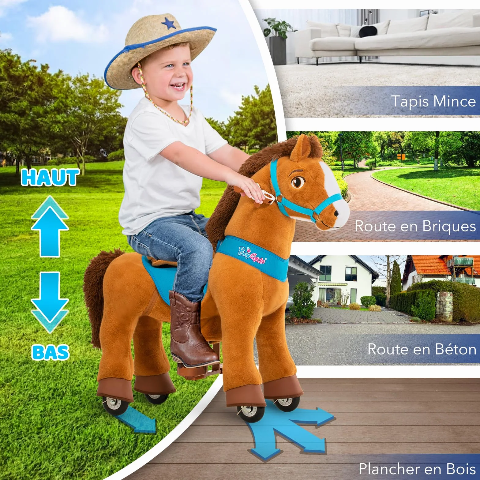 PonyCycle Essentiel Modèle E Cheval à Monter avec Roulettes et Frein Brun Taille 4 pour 4-7 Ans