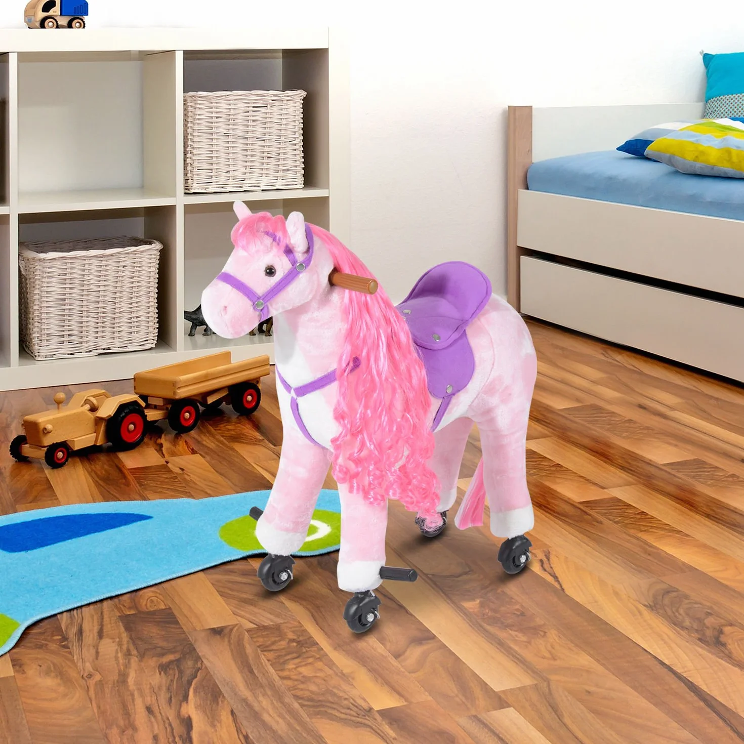 HOMCOM Cheval à bascule pour enfants 3+ ans 4 roues sons réalistes rembourré repose-pieds 65x28x75 cm rose