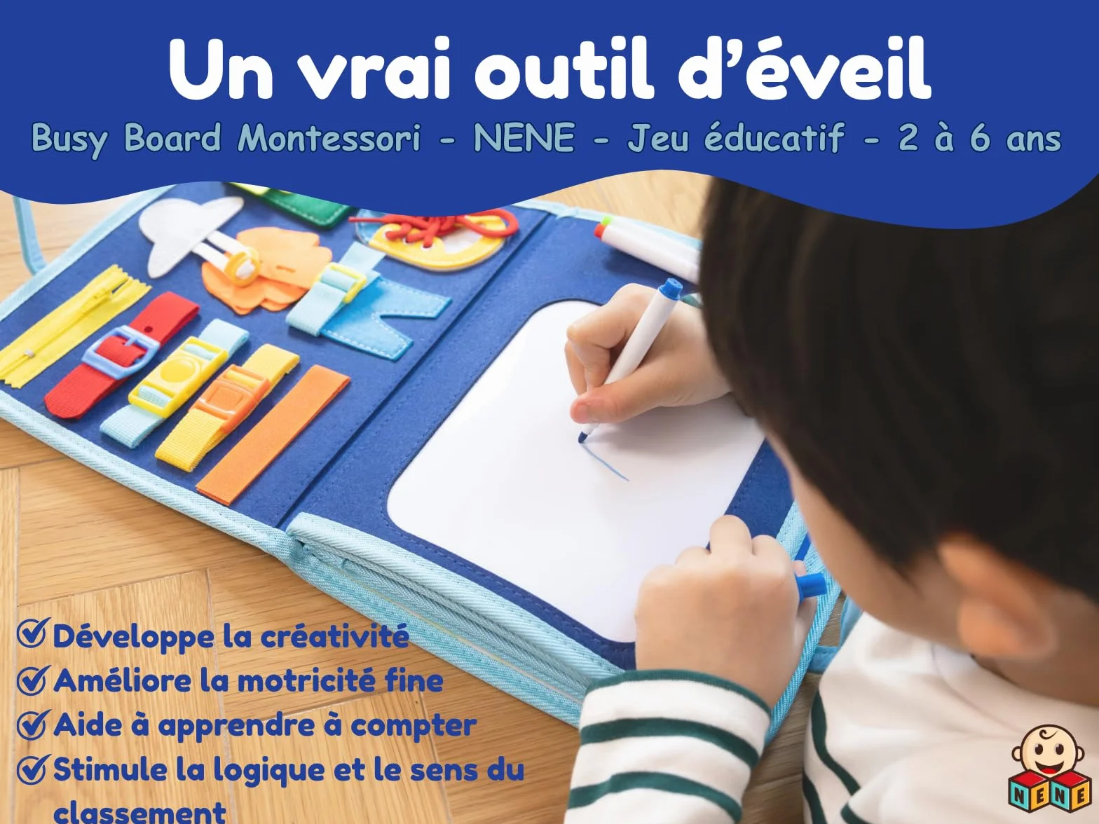 Nene Busy Board Montessori Jouet éducatif 2-6 Ans garçon fille Planche activités sensorielle sans écran Lettres Chiffres Formes Couleurs Motricité Fine