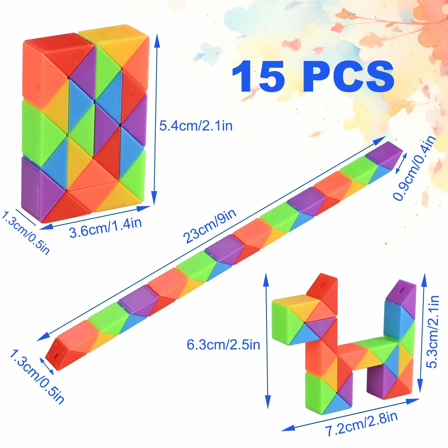 GOLDGE 15 pièces Serpent Magique Cube Puzzle Enfant Casse-Tête Jouets Arc-en-Ciel
