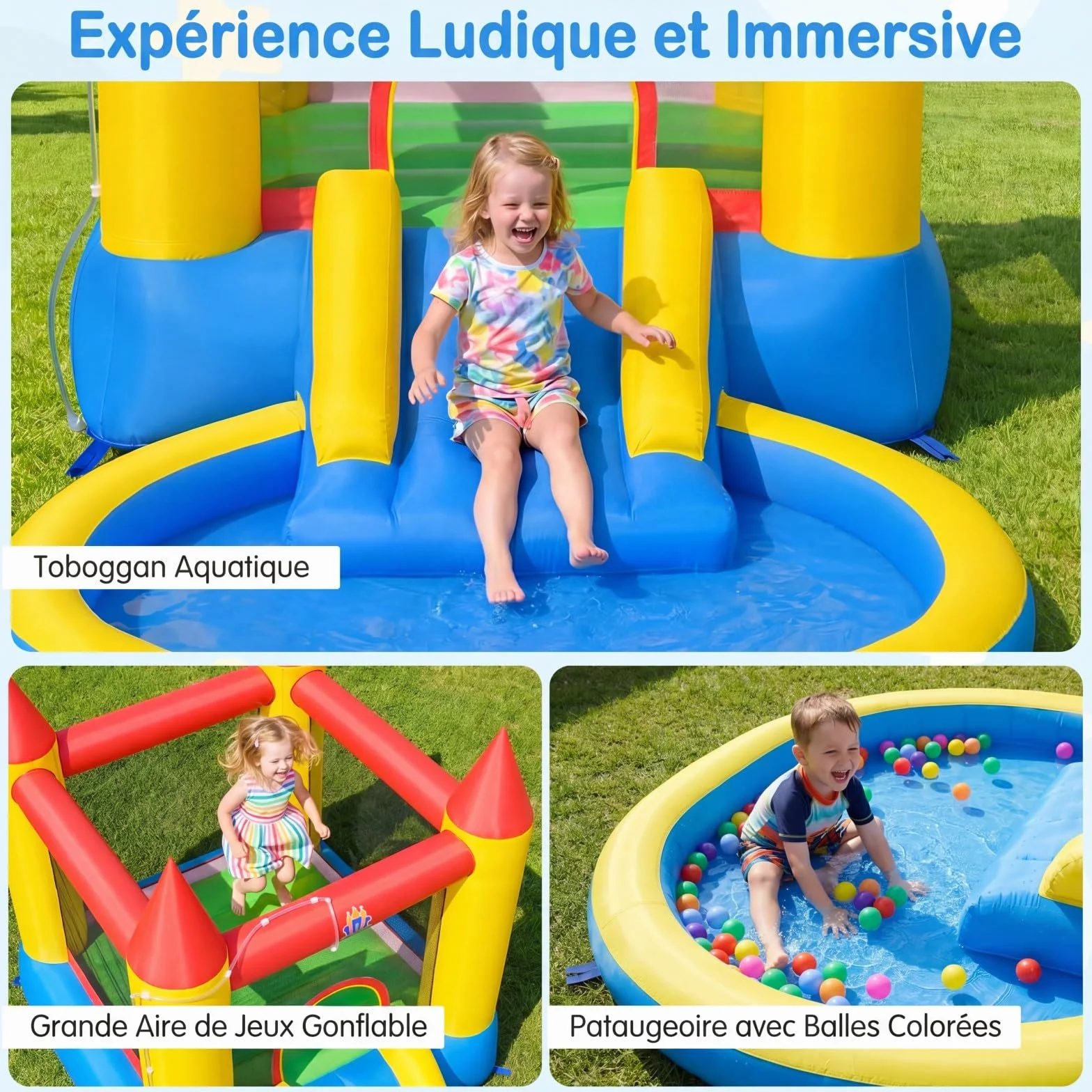 COSTWAY 3 en 1 Château Gonflable avec Toboggan et Maison de Saut, Aire de Jeux avec Piscine à Balles et 50 Balles Océaniques, pour 3-12 Ans