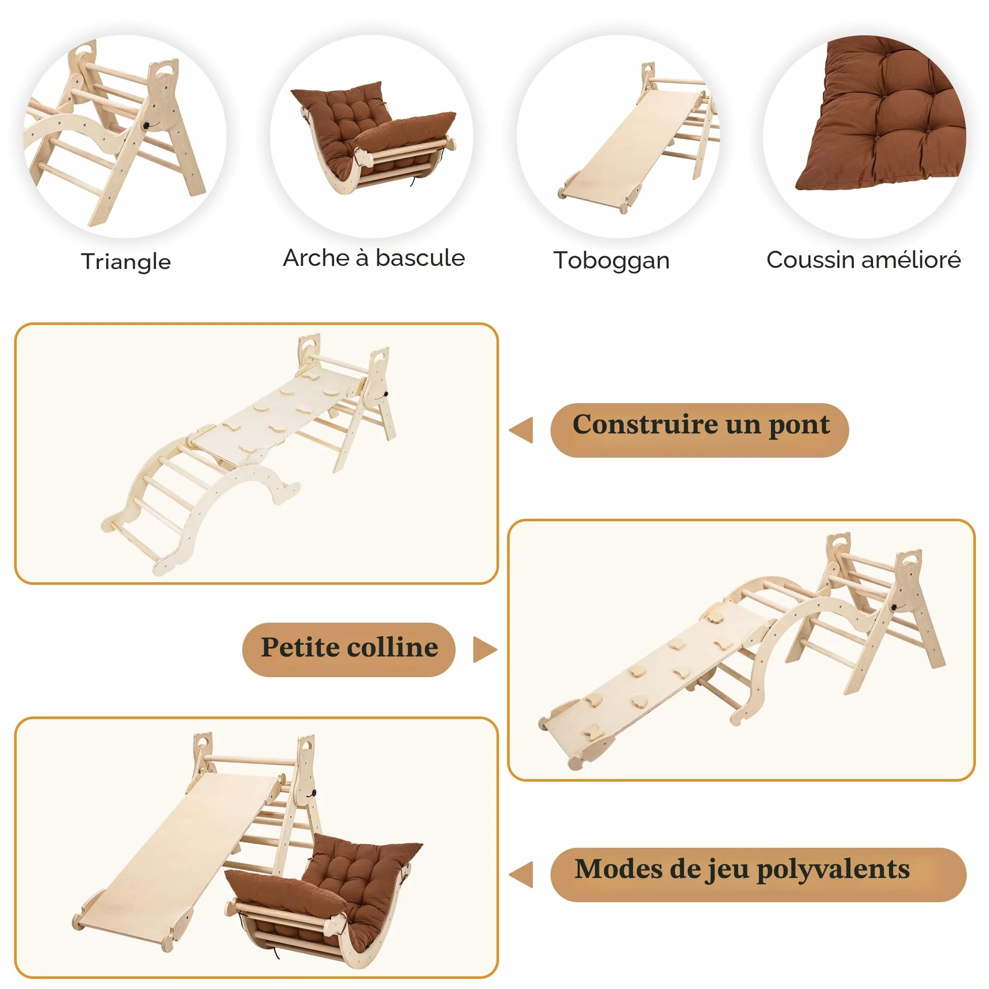Arche Montessori Escalade Enfant Bebe Jeux en Bois Hêtre avec Toboggan Échelle Coussin Aire de Jeux Interieur 1 2 3 4 Ans