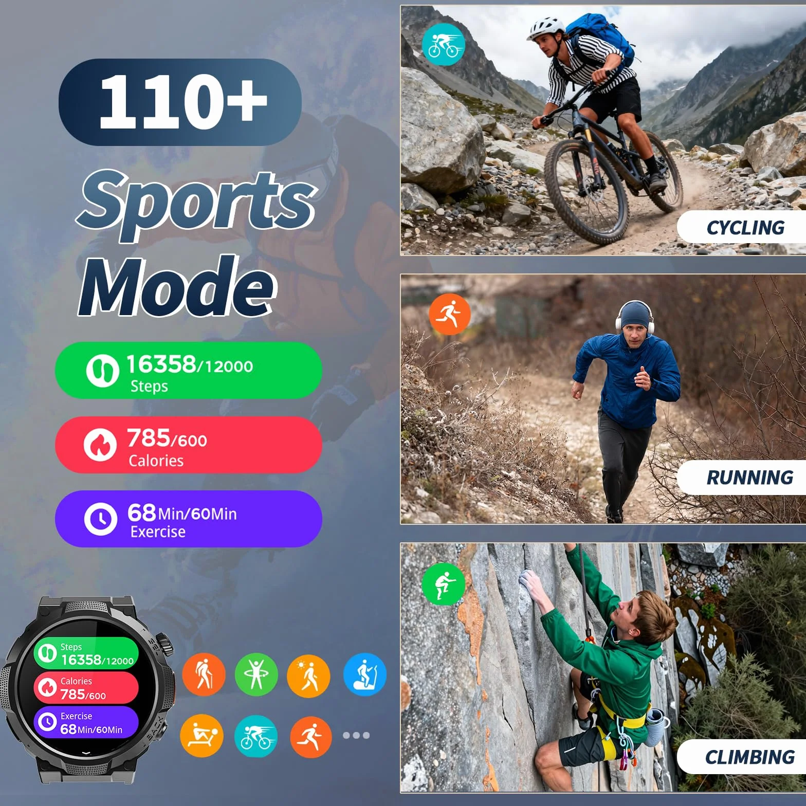 Soudorv Montre Connectée Homme Militaire Smartwatch LED Lampe 1000mAh 1.53" HD Appels Bluetooth Fréquence Cardiaque Sommeil Etanche IP68 Noir