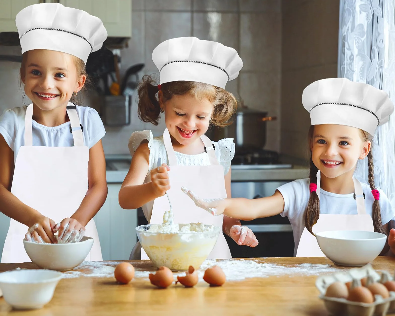 Set de 12 Pièces Tablier Enfant et Chapeau de Chef Réglables avec Poches pour Cuisine Jardin Peinture Artisanat