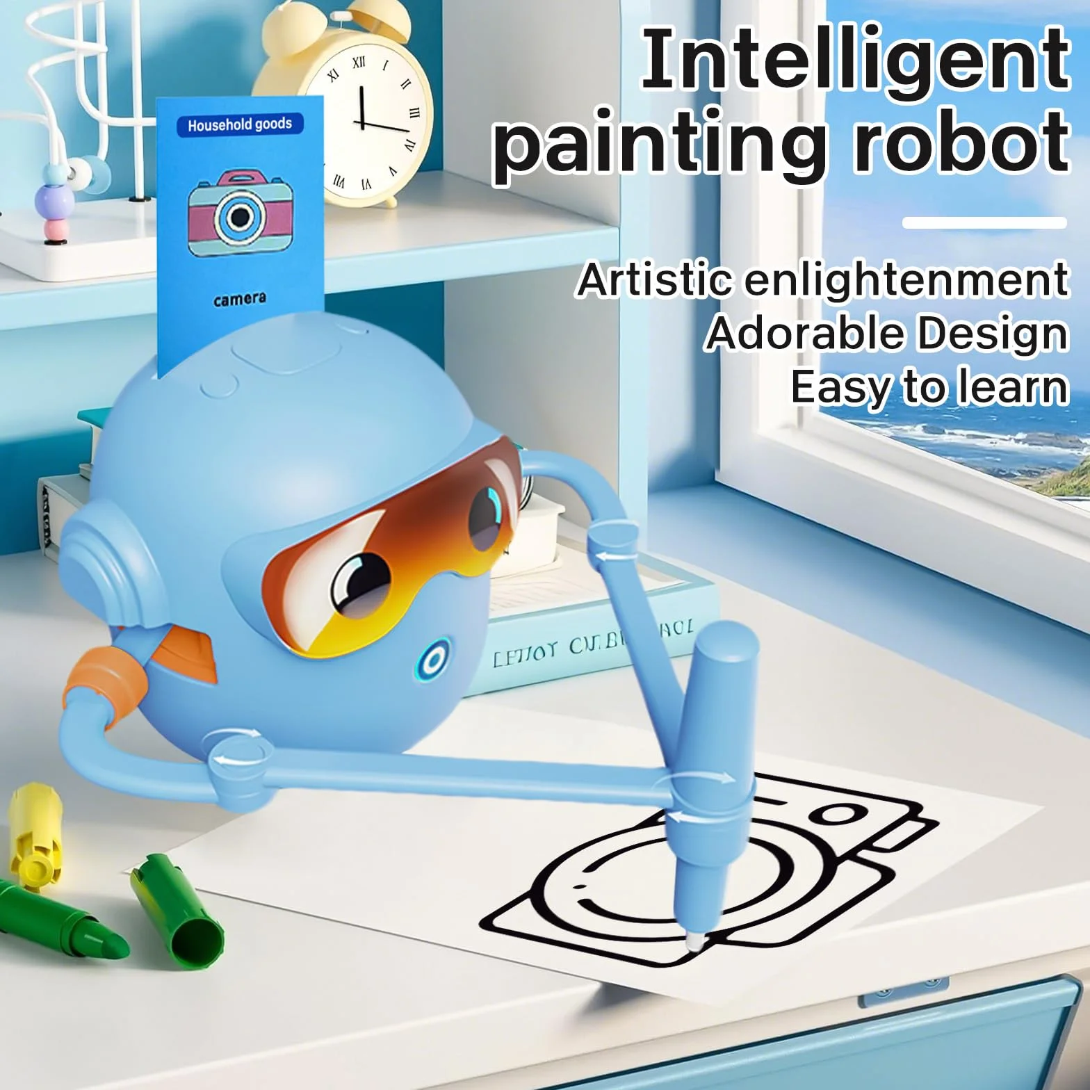 PZCC Robot de Dessin pour Enfants Jouet Éducatif Interactif 100 Cartes Dessin Guide Vocal 12 Feutres Colorés Batterie USB-C Cadeau Filles Garçons 3-9 Ans Bleu