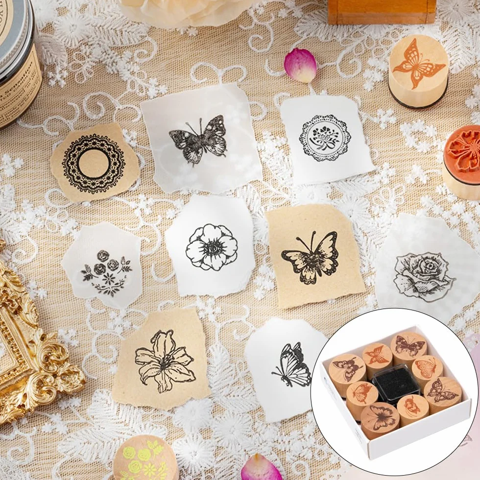 Papillons Tampons en Bois Set 16 Pièces pour Enfants Artisanat Scrapbooking Cartes