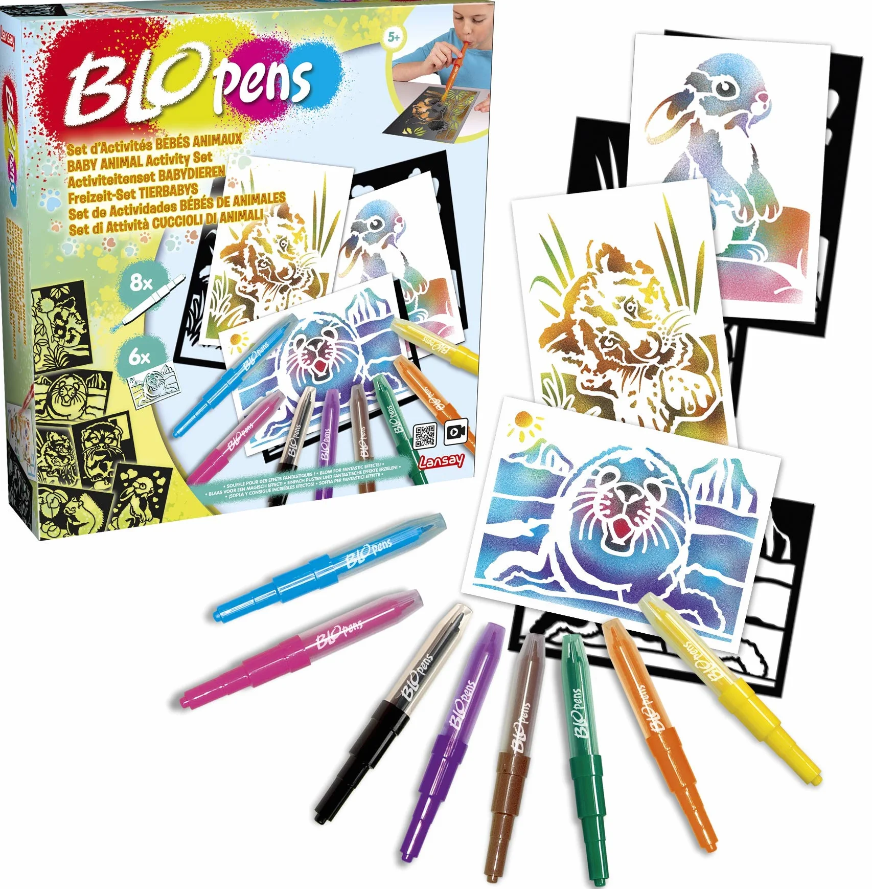 Lansay BLOPENS Set Activités Bébés Animaux Feutres Coloriage Souffler Pochoirs Réutilisables Cadeau Enfants 5 Ans