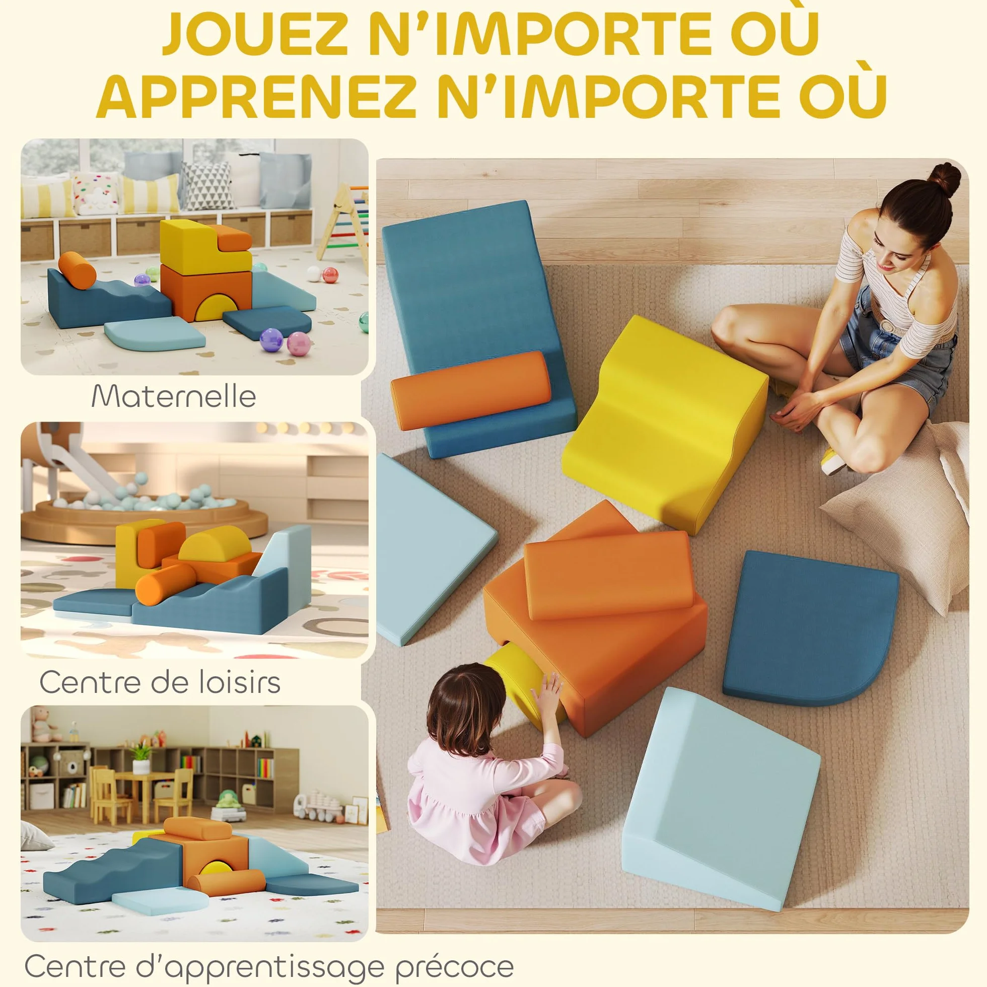 AIYAPLAY Parcours motricité bébé 9PCS, module motricité mousse housse amovible velours, blocs construction jouets éducatifs multicolore
