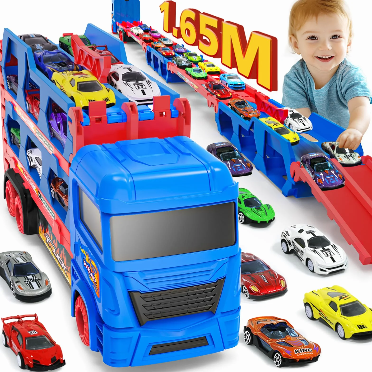 Camion Transporteur Voiture avec Pistes Pliables 165cm et 10 Mini Voitures pour Enfants 3-6 Ans