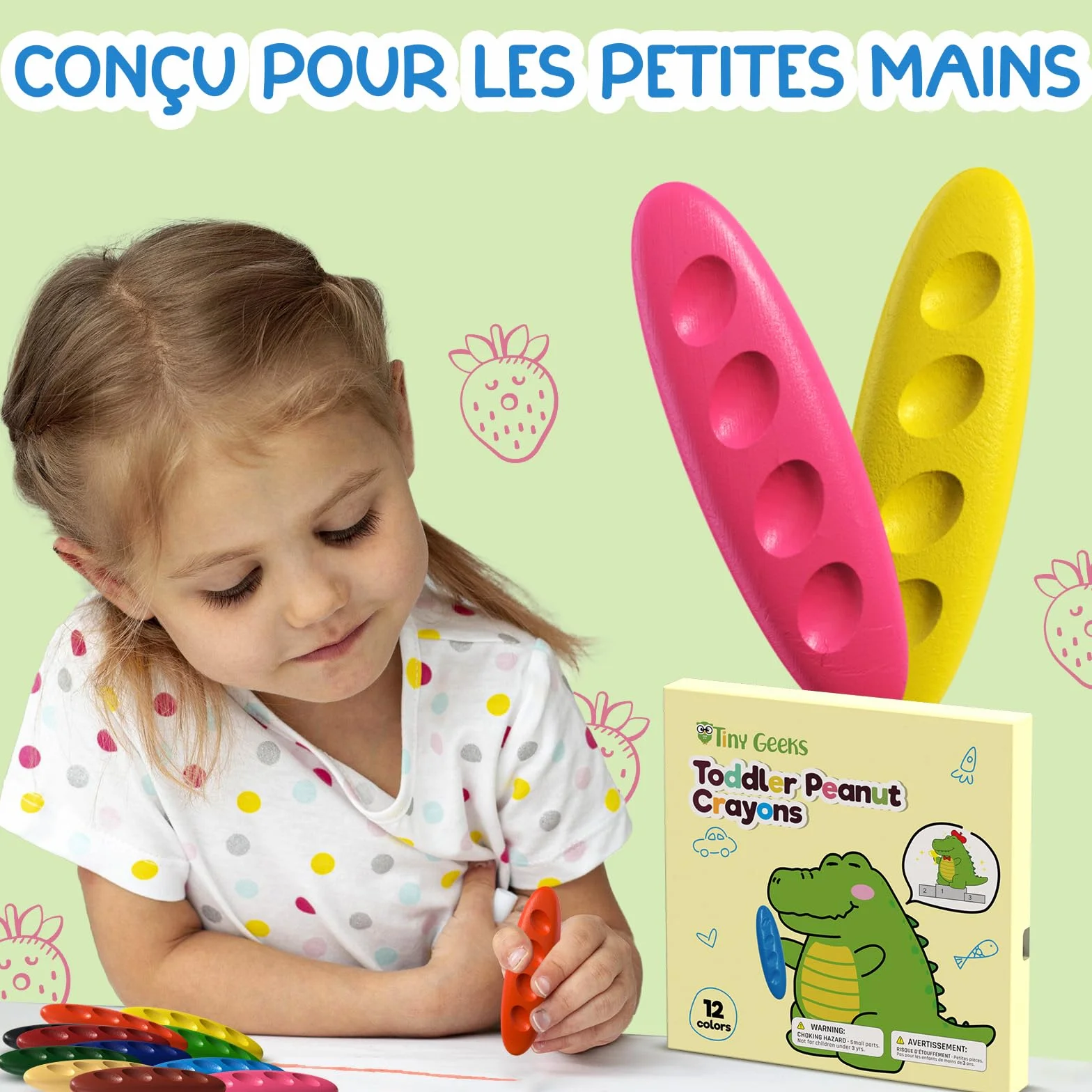 TinyGeeks Crayons Non Toxiques Lavables Forme Ergonomique Cacahuète pour Enfants 3 Ans+ Coloriage Facile à Tenir