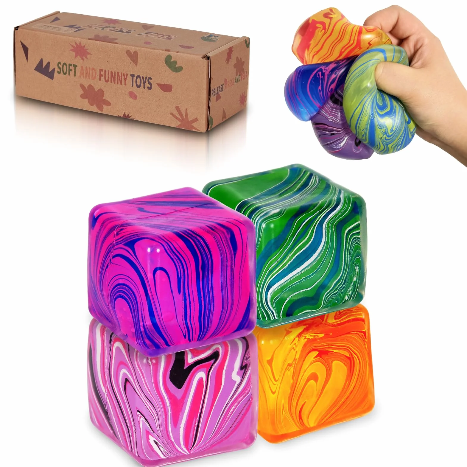 Graphinza Squeeze Toys Medium 1.97in Soft Relief Cube for Autism Stress Relief, Balls for Adults Children Classroom Prizes (4 PCS)