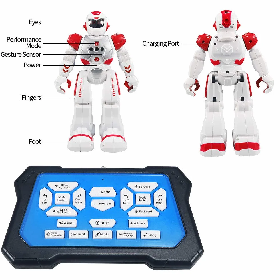 Robot Télécommandé pour Enfants, Robot RC Programmable avec Danse Chant, Contrôle Infrarouge, Détection Geste, Cadeau Noël Garçons Filles (Rouge)