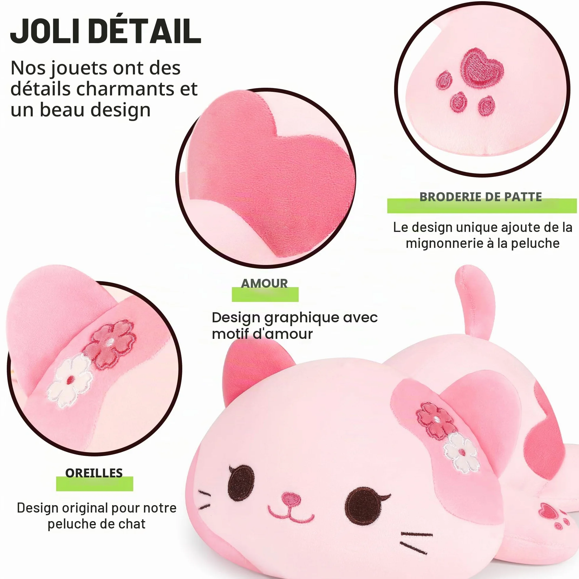 Jouet en peluche chat kawaii, coussin rose 23 cm pour enfants 3 ans+