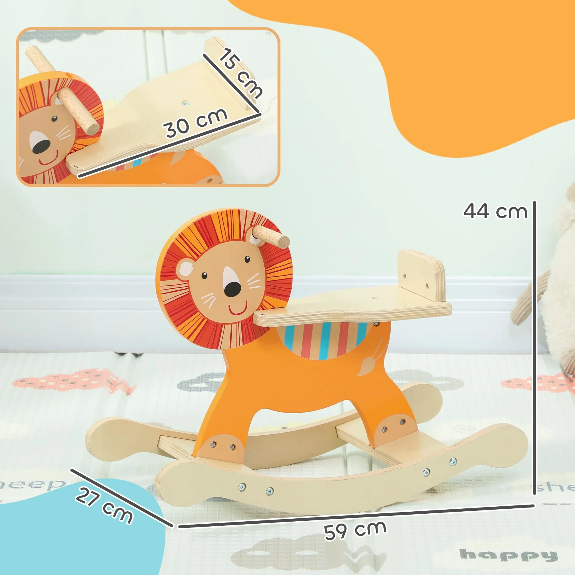 AIYAPLAY Cheval à Bascule en Bois pour Enfants 2-5 Ans, Jouet à Bascule Lion avec Guidon, Orange