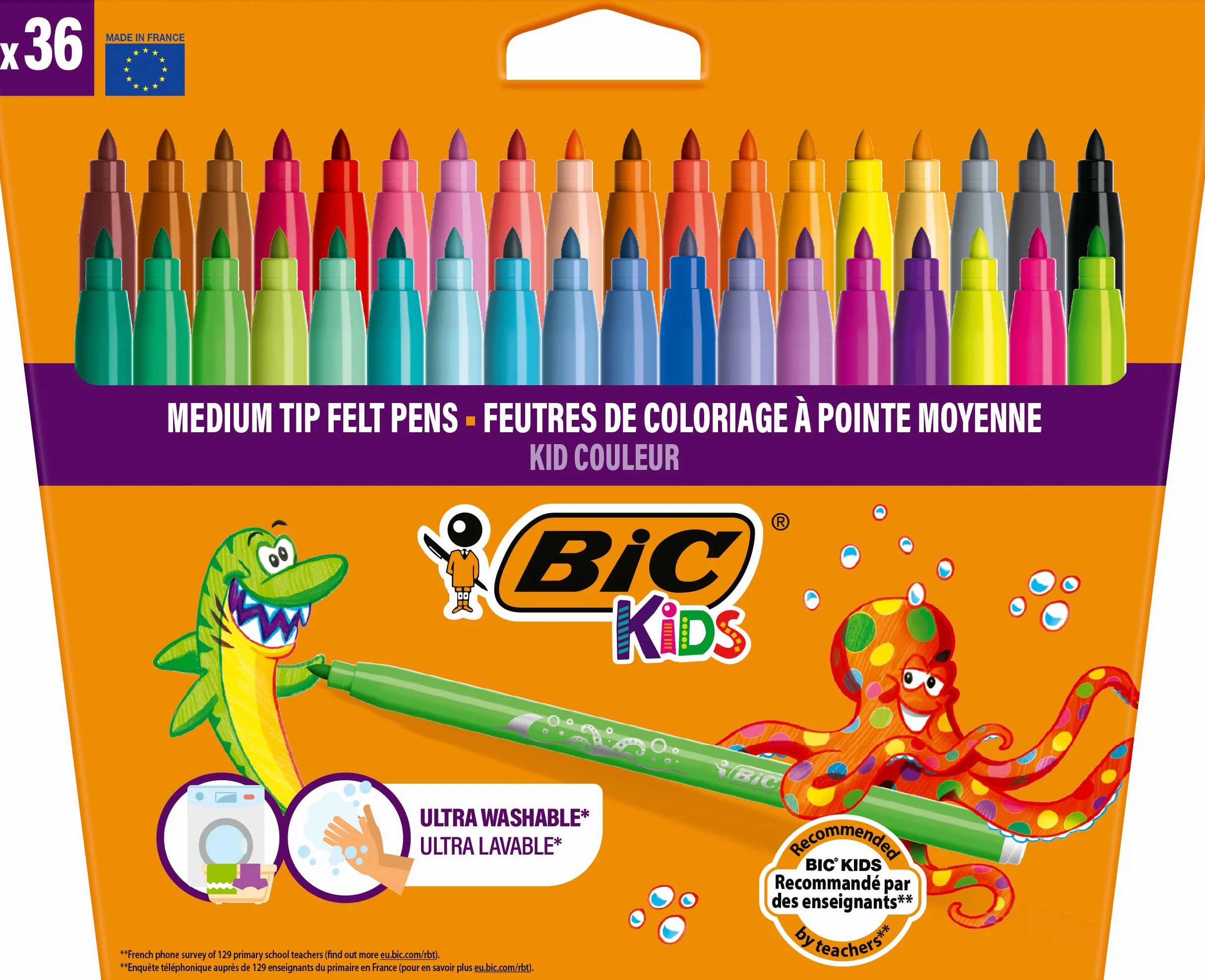 BIC Kids Kid Couleur Feutres de Coloriage Lavables Pointe Moyenne Couleurs Assorties 36