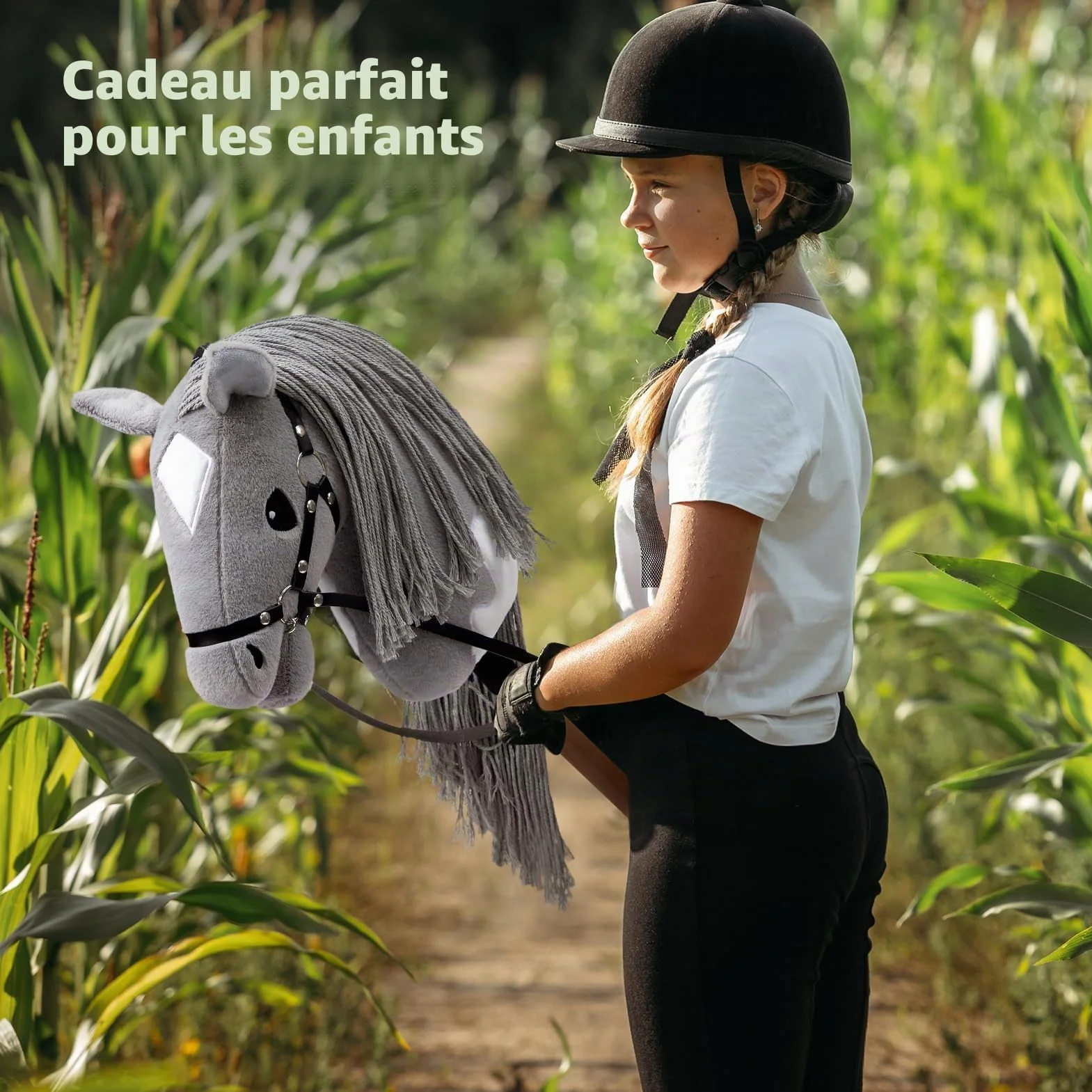 BEJOY Stick Horse Hobby Cheval sur Bâton avec Licou et Rênes Gris-Blanc
