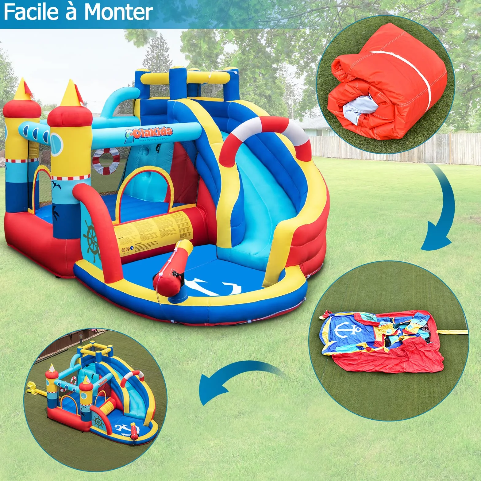 GOPLUS Château Gonflable Pirate avec Toboggan Pistolet à Eau Trampoline Aire de Jeux Gonflable Piscine Mur d'escalade pour Enfants 3-12 Ans 120KG Souffleur 450W