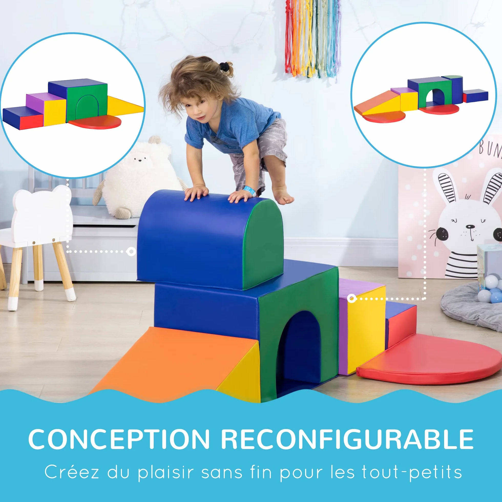 HOMCOM Parcours motricité bébé 7PCS, Jouet d'escalade en mousse, Blocs de construction avec revêtement synthétique, Multicolore