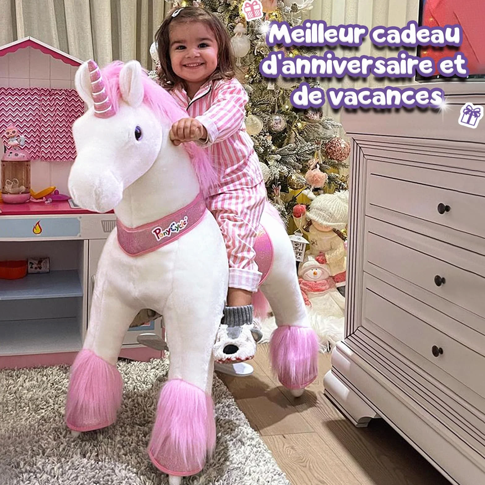 PoneyCycle Officiel Classique Modèle U Licorne Rose Jouet en Peluche sur Roues avec Frein et Son Hauteur 90cm Taille 4 pour 4-7 Ans