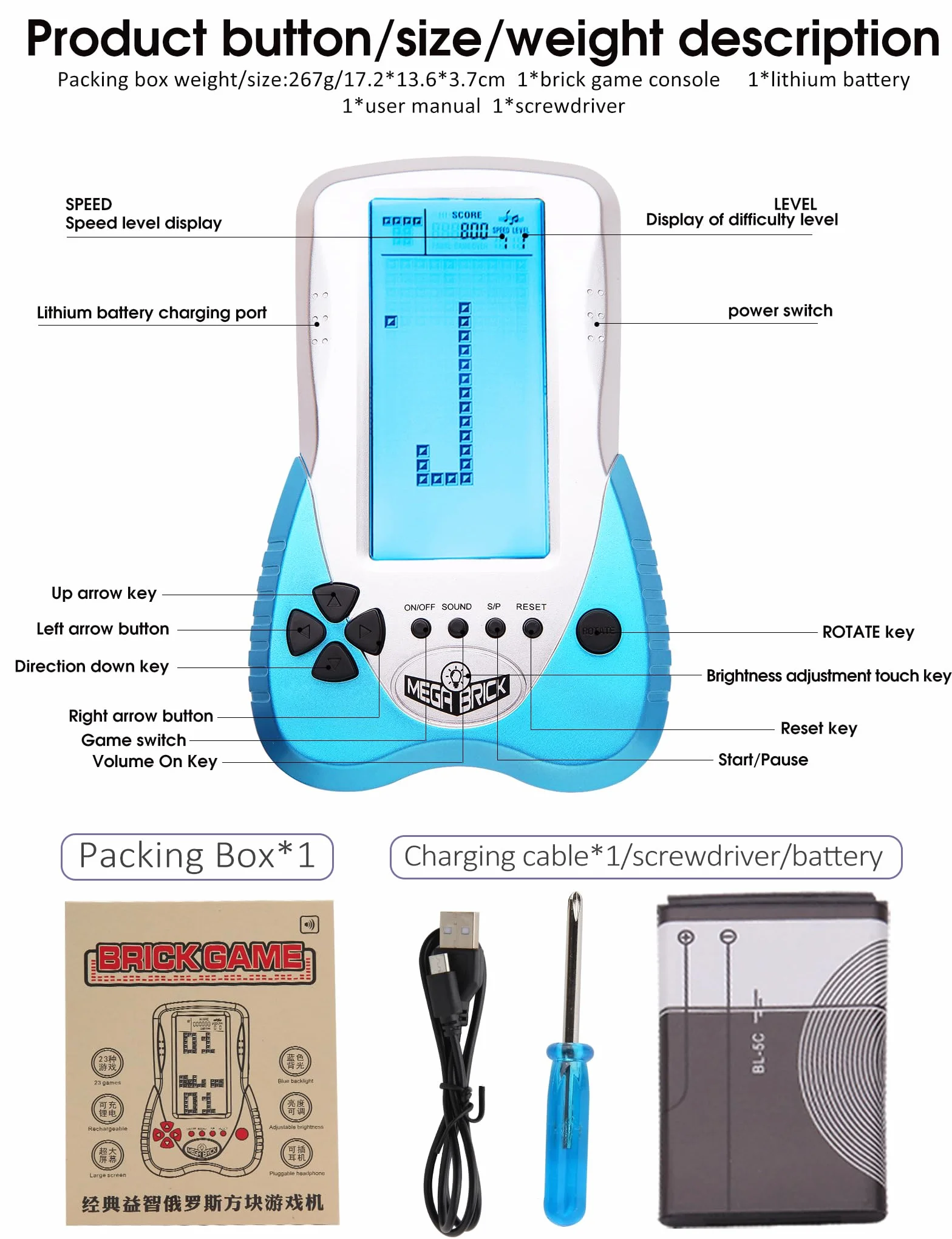 HLF Console de Jeu Grand écran rétroéclairage Bleu 23 Jeux Intégrés Compatible Piles Lithium AAA