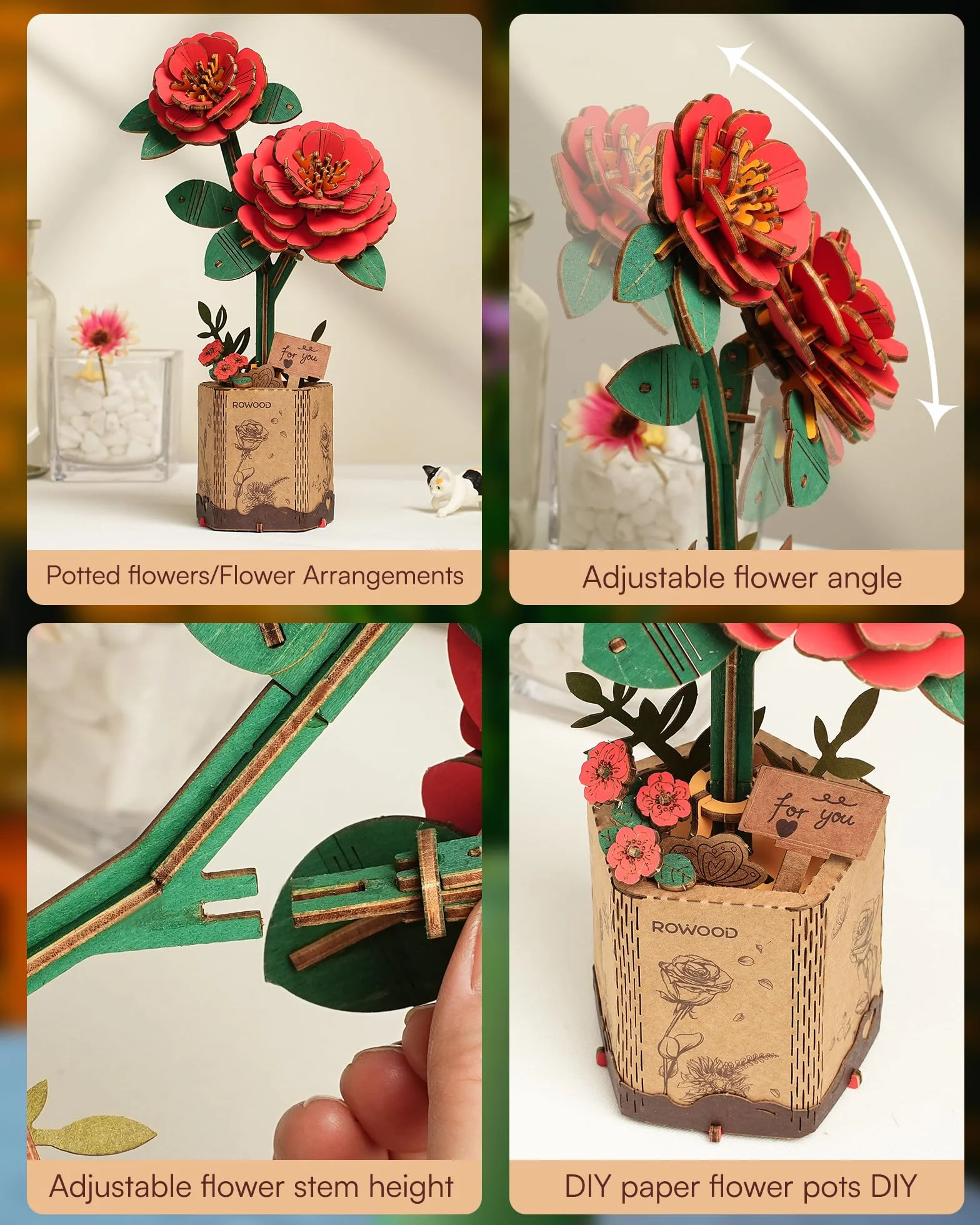 rowood Puzzle 3D Fleur en Bois Kit de Modélisation de Fleurs Artificielles à Assembler pour Adultes (Red Camellia)