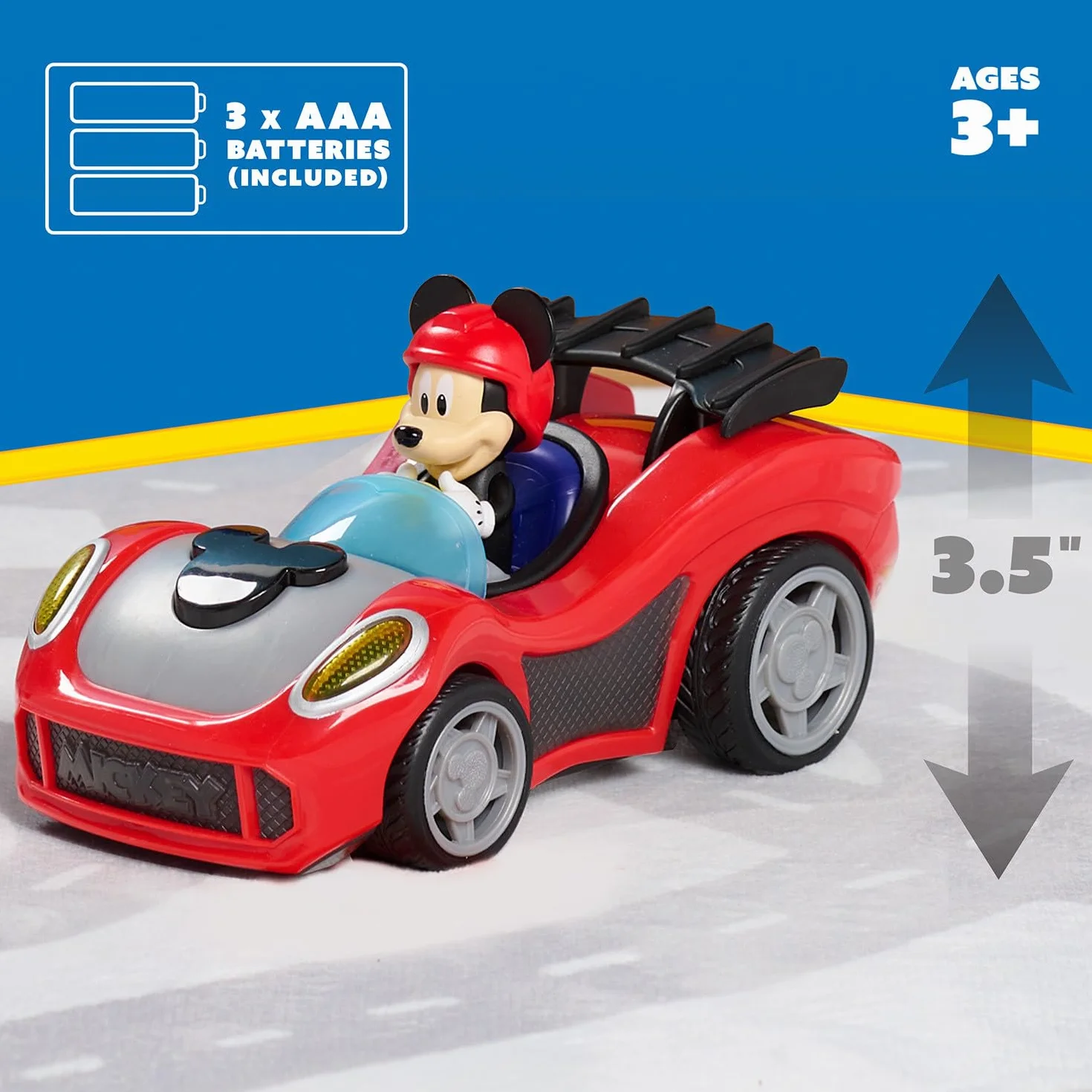 Just Play Véhicules Mickey Mouse à rétrofriction avec Effets sonores et Lumineux, Voiture de Mickey, Jouets pour Enfants de 3 Ans et Plus