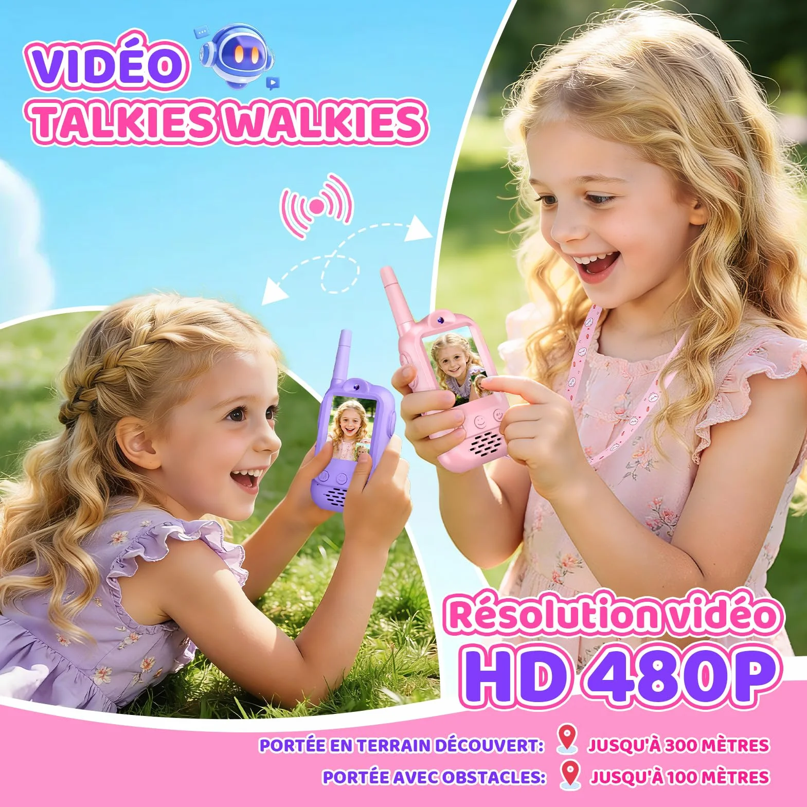 iKidiki Talkie Walkie Enfants Rechargeable, Cadeau Fille 3-8 Ans Video Jouet