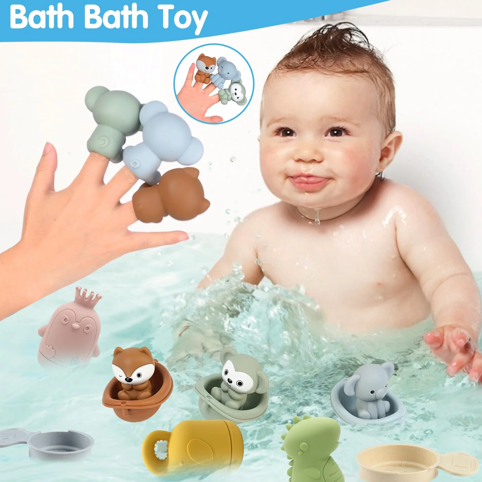 Jouets de Bain pour Bébé avec Jouets à Presser Sensoriels, Marionnettes à Doigts, Bateaux Empilables et Cuillère
