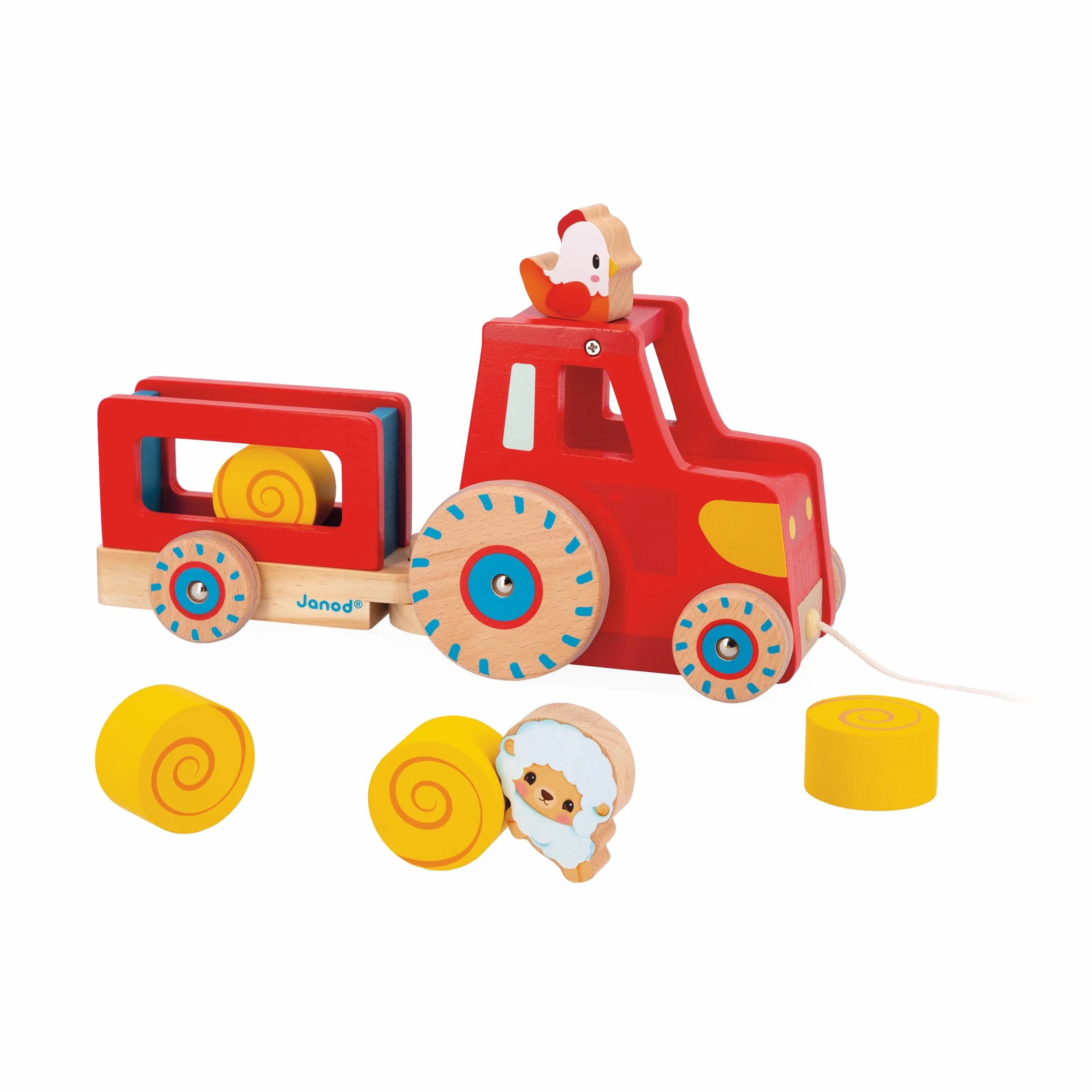 Janod Tracteur à Tirer Jouet d'Éveil 1 Tracteur Enfant 6 Accessoires Roues Silencieuses Bois FSC Dès 12 Mois