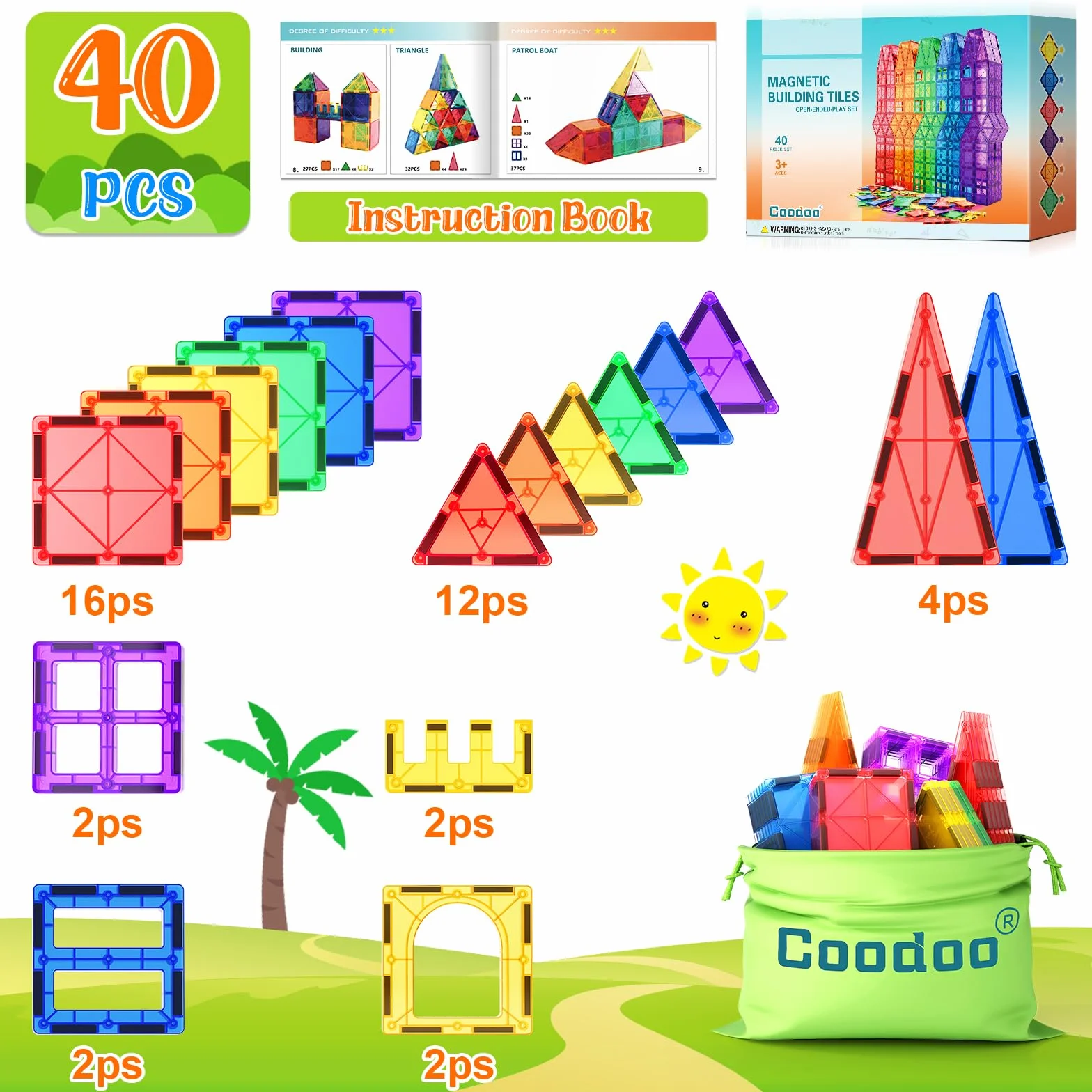 Carreaux magnétiques Jouets de construction Montessori pour enfants 3+ ans