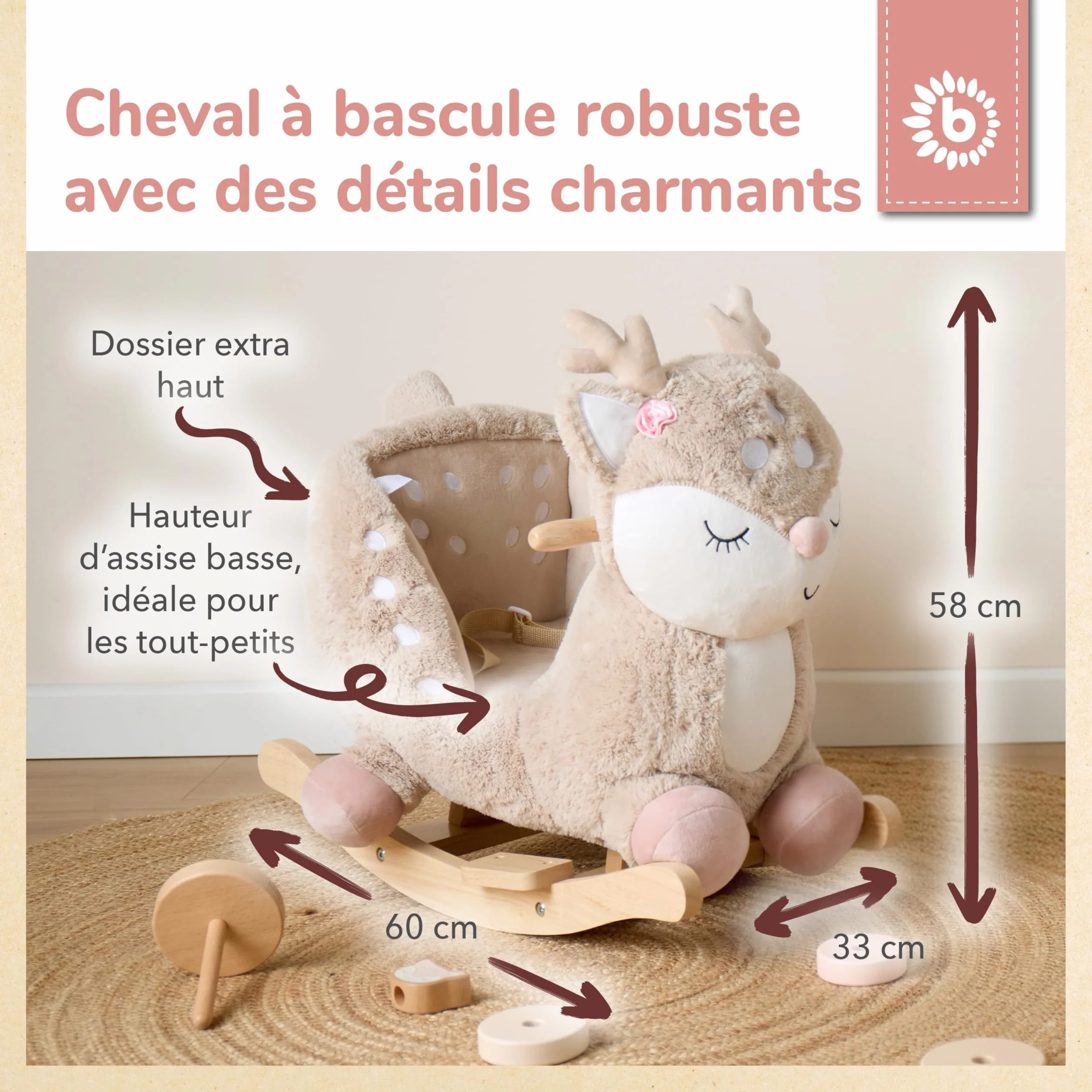 Bieco Lapin à bascule en peluche 60 cm avec ceinture de sécurité pour enfant dès 9 mois