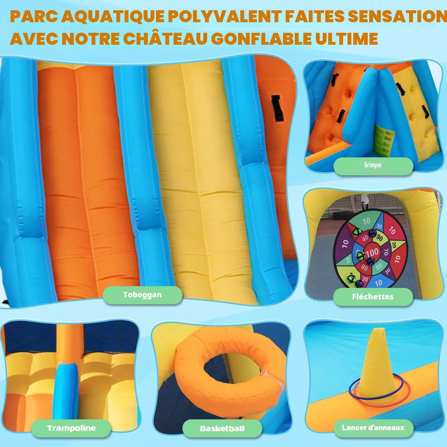 FOOING Château Aquatique Gonflable avec 2 Toboggans, Mur d'escalade, Panier de Basket et Filet de Sécurité pour Enfants
