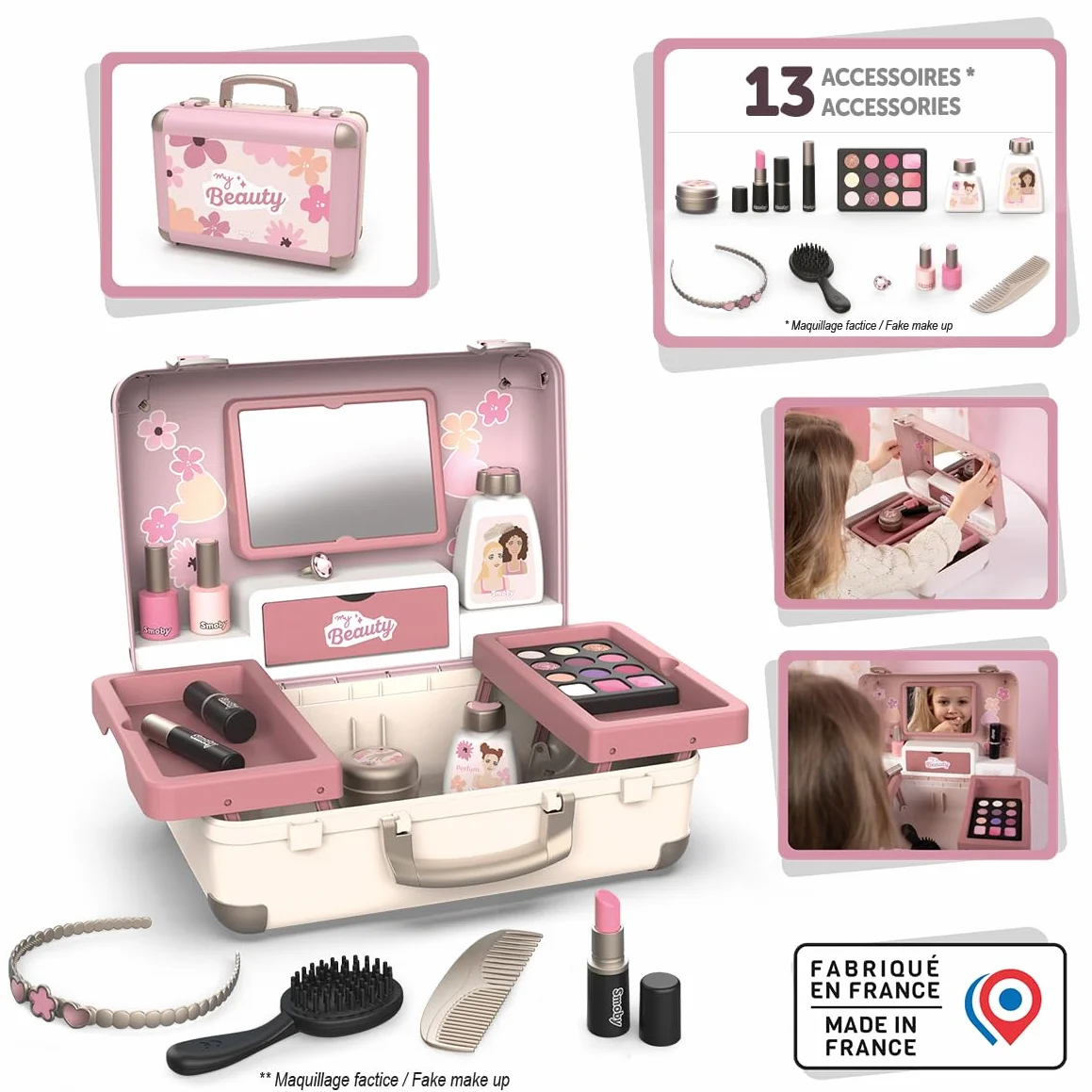 Smoby My Beauty Vanity Coiffure Onglerie Maquillage Factice 13 Accessoires Facile à Transporter