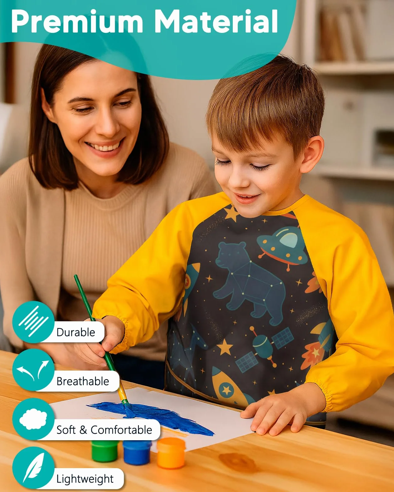 Tablier Peinture Enfants Imperméable Manches Longues 3 Poches Lavable pour Peinture Bricolage Cuisine