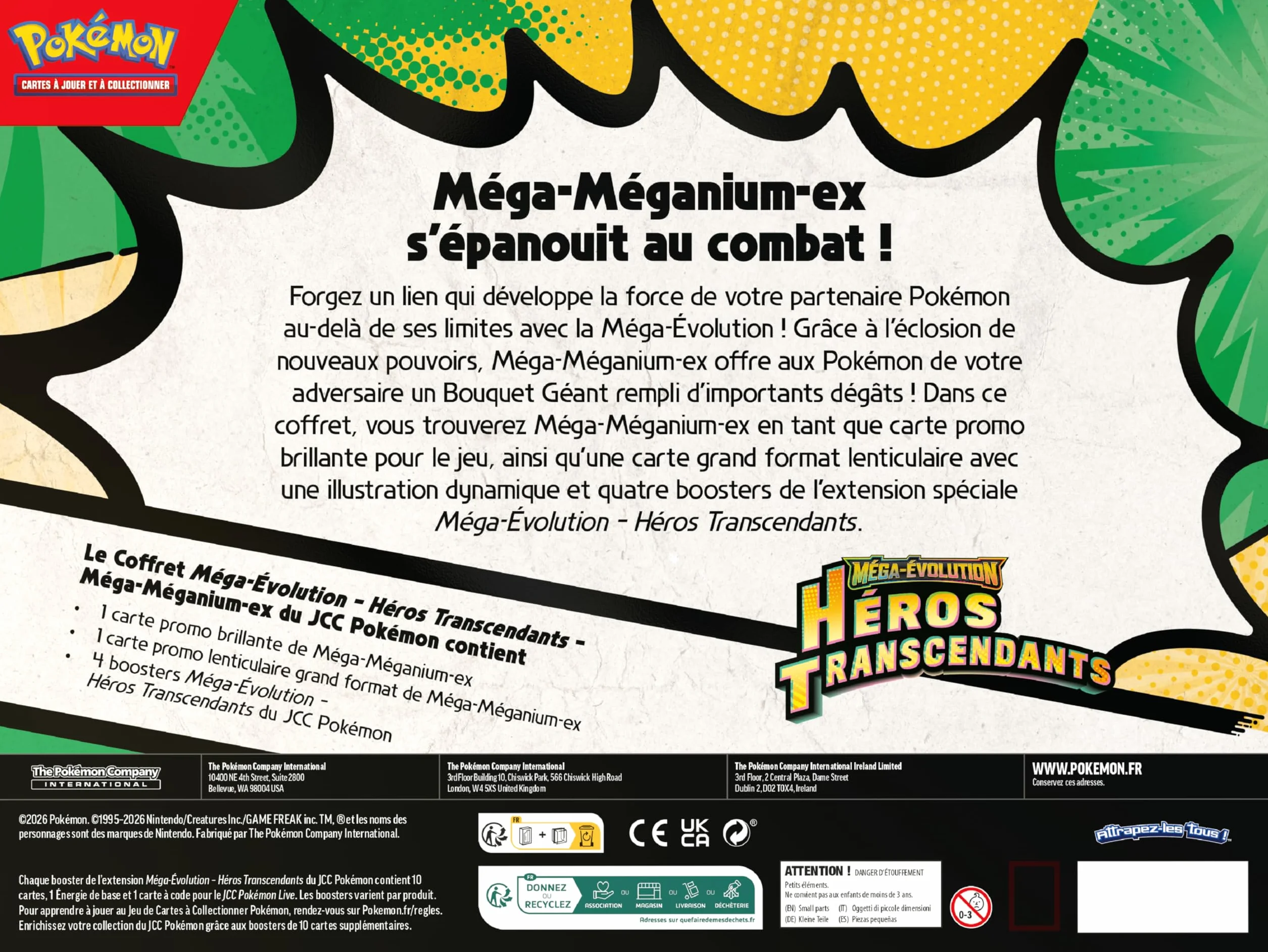 Pokémon Coffret Méga-Évolution Héros Transcendants Méga-Méganium-ex Carte Promo Brillante Grand Format Lenticulaire 4 Boosters