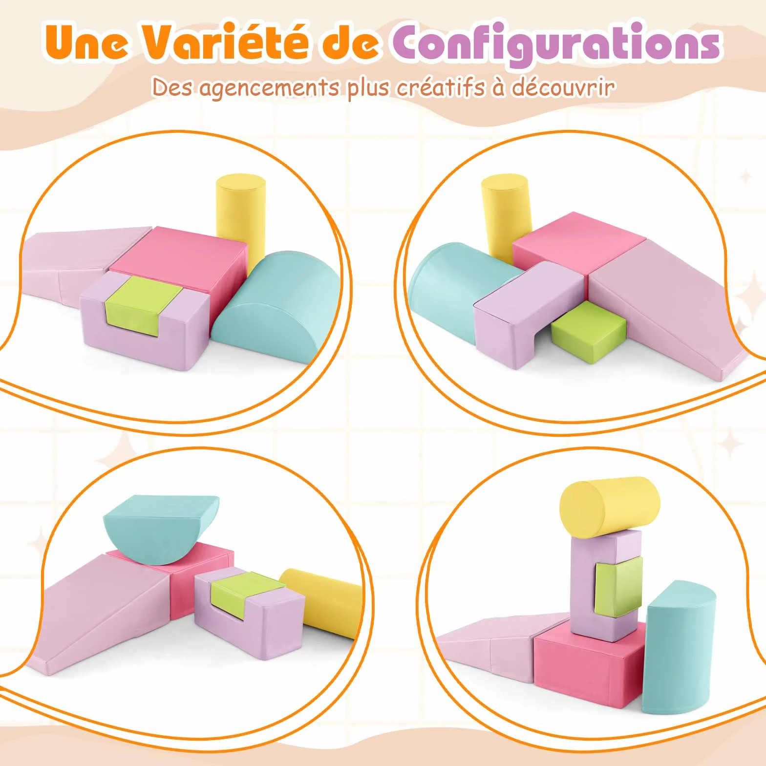 COSTWAY Parcours Motricité Bébé en Mousse EPE avec Housse PU, 6 Pièces, Jouets Éducatifs Rose+Jaune
