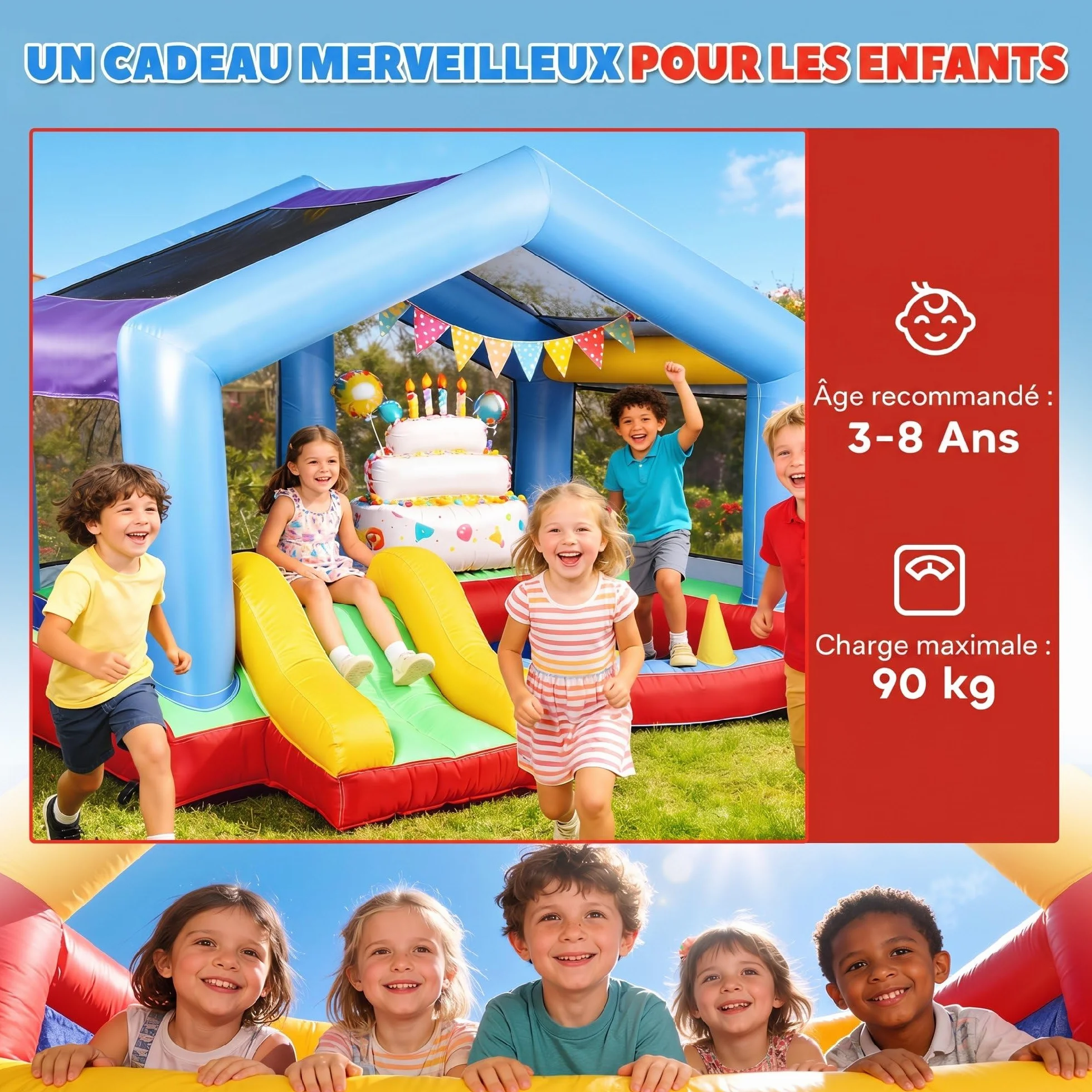 AIYAPLAY Château Gonflable 4 en 1 avec Toboggan, Piscine à balles, Jeu de Lancer d'anneaux, Toit à Protection Solaire, pour 3 Enfants 3-8 Ans