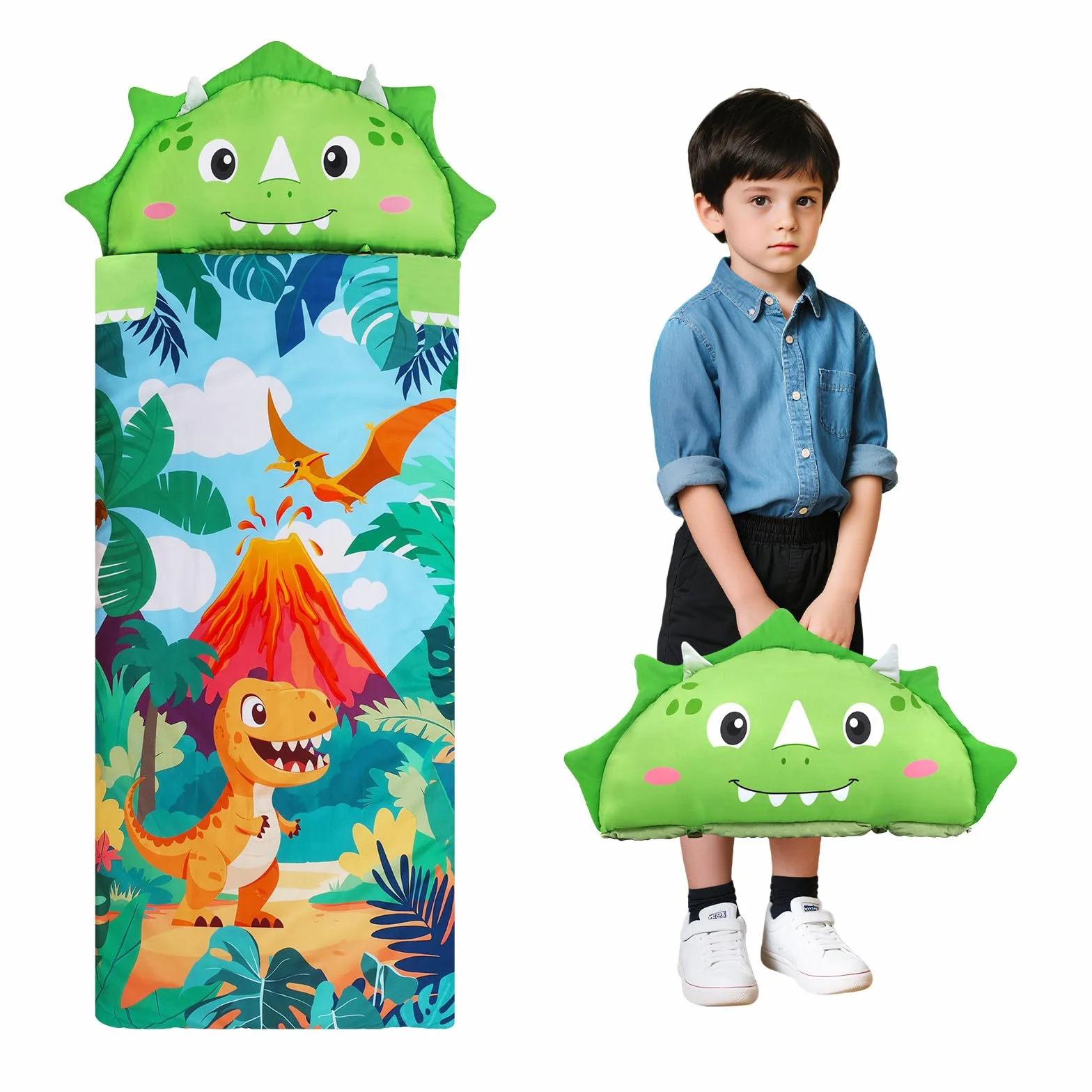 Decalsweet Sac de Couchage Enfant avec Oreiller Amovible, Tapis de Sieste Double Fermeture Eclair 150×60cm