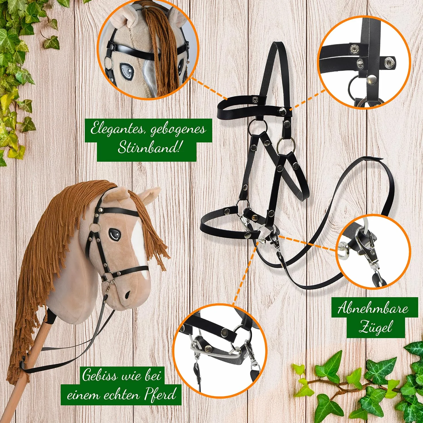 Hobby Horse Perlino Complet avec Filet, Mors, Rêne et Bonnet pour Enfants et Adolescents