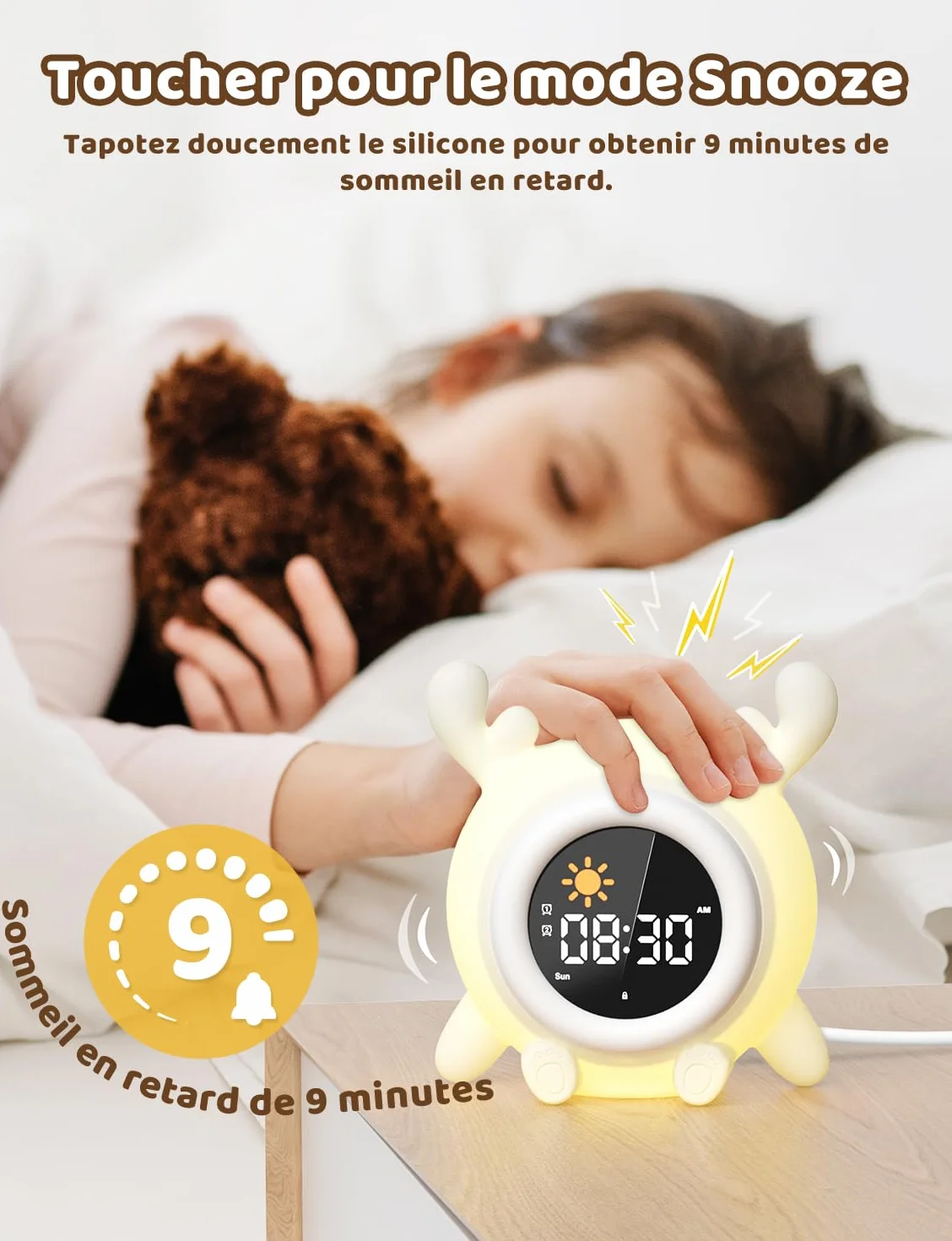 YISSVIC Réveil Enfant Educatif Jour/Nuit 2 Alarme 12/24 Heure Snooze Luminosité Réglable 7 Couleurs 10 Chansons